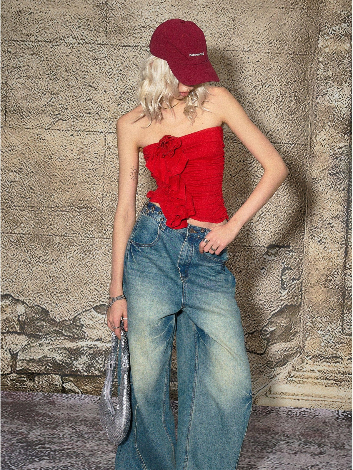 Red 3d Floral Cropped Off Shoulder Women's Cotton Ruched Tube Tops