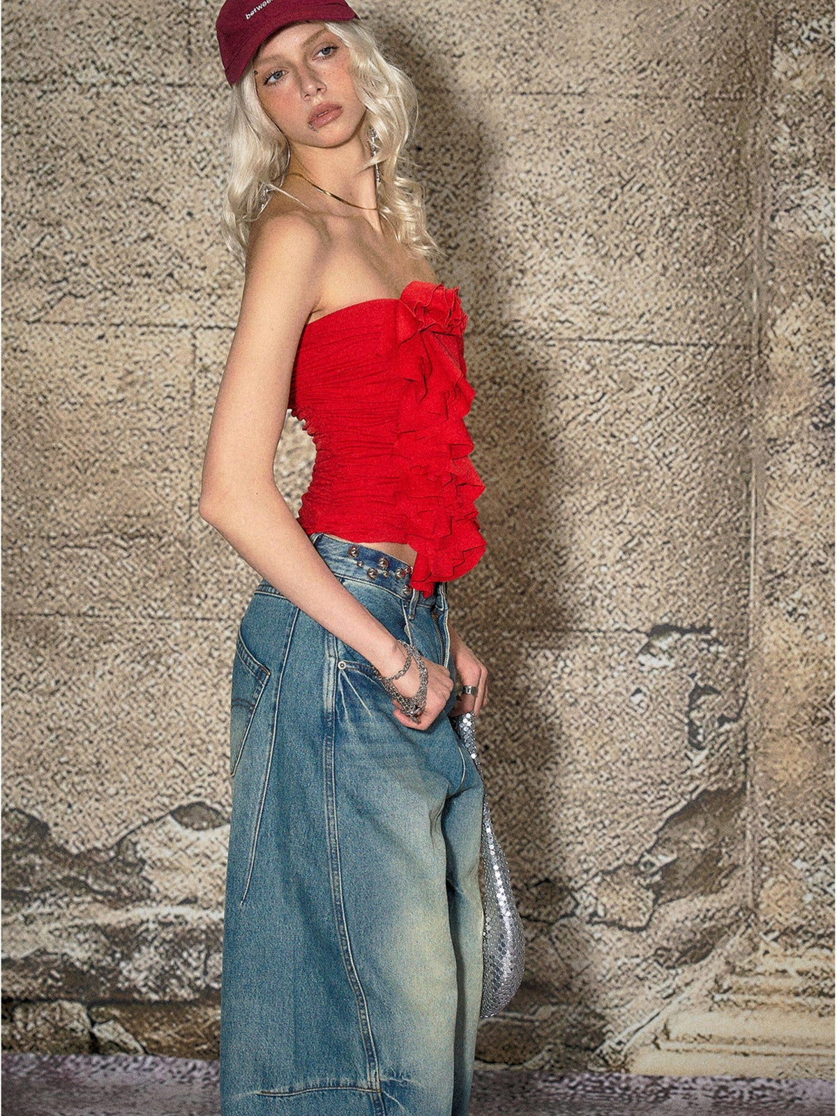 Red 3d Floral Cropped Off Shoulder Women's Cotton Ruched Tube Tops