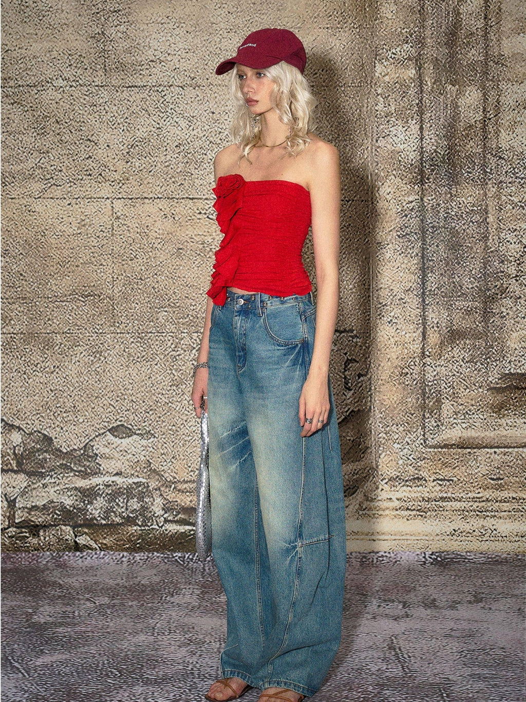 Red 3d Floral Cropped Off Shoulder Women's Cotton Ruched Tube Tops