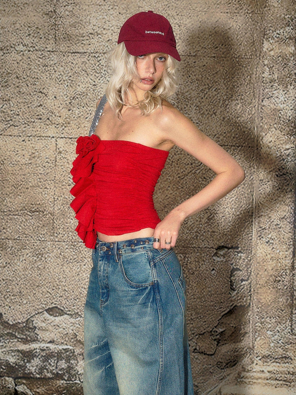 Red 3d Floral Cropped Off Shoulder Women's Cotton Ruched Tube Tops
