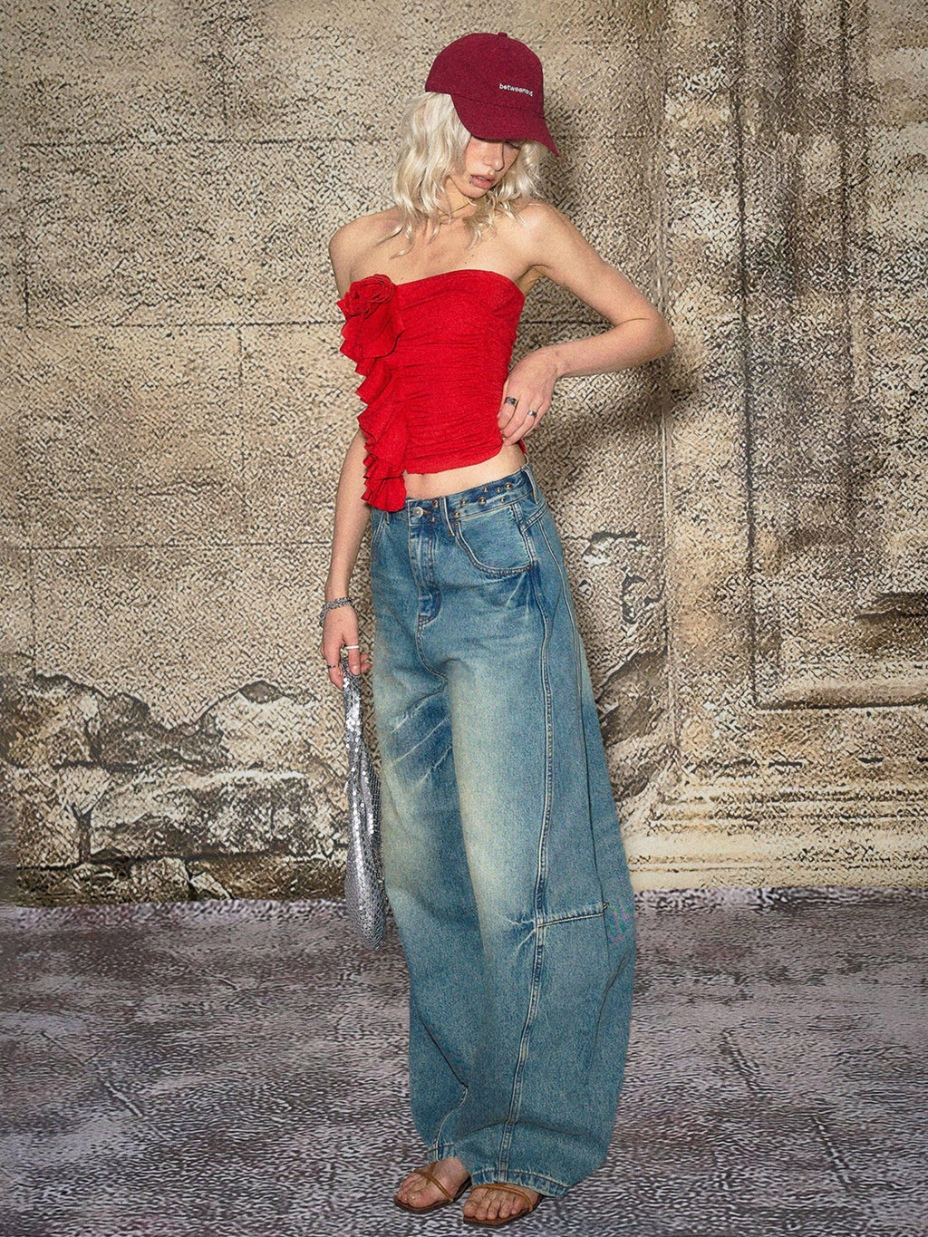 Red 3d Floral Cropped Off Shoulder Women's Cotton Ruched Tube Tops