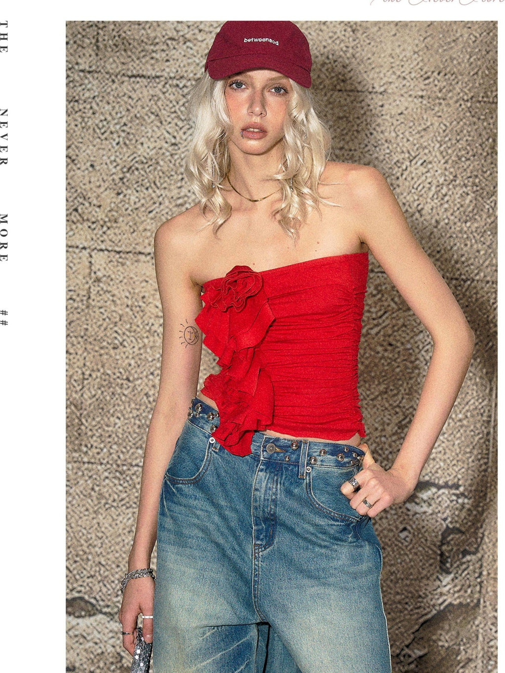 Red 3d Floral Cropped Off Shoulder Women's Cotton Ruched Tube Tops