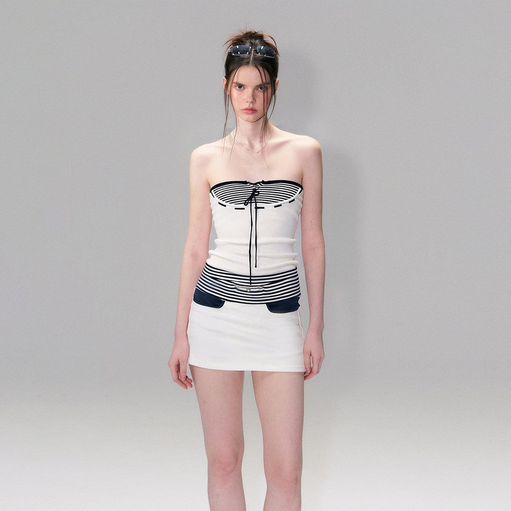 Retro Colorblock Striped Asymmetric Lace Up Women's Slim Fit Tube Tops