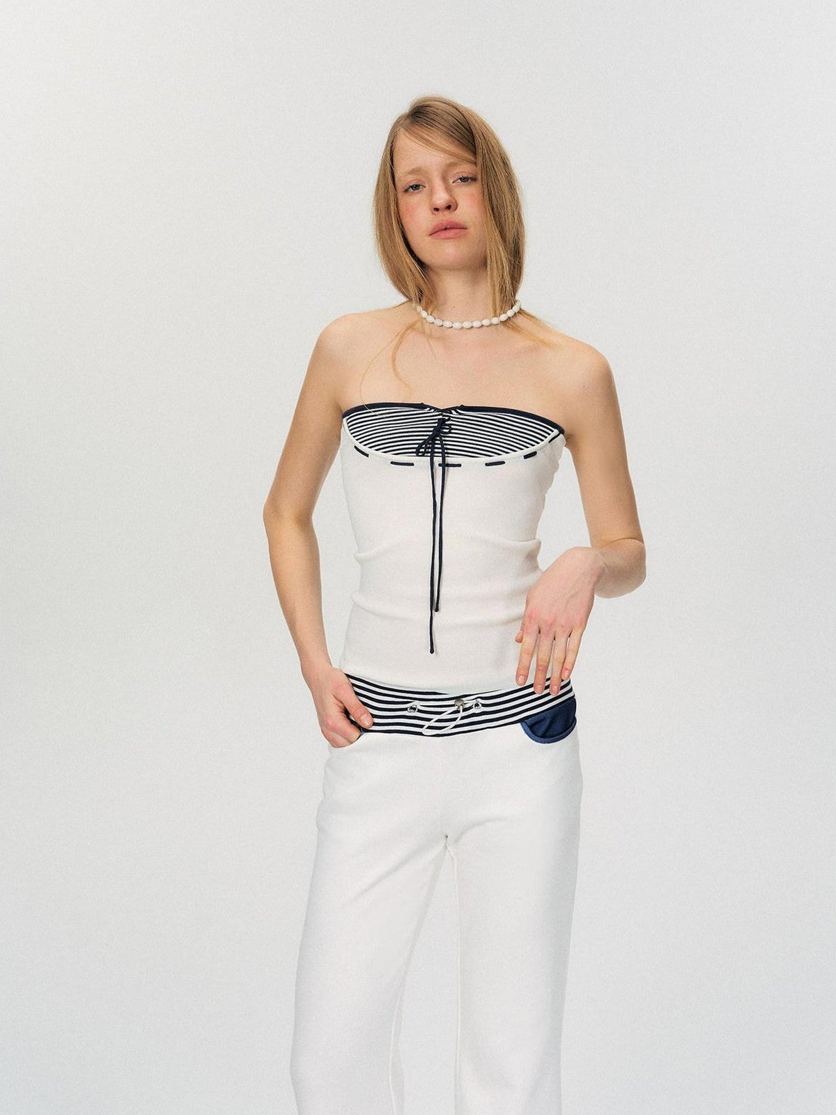 Retro Colorblock Striped Asymmetric Lace Up Women's Slim Fit Tube Tops