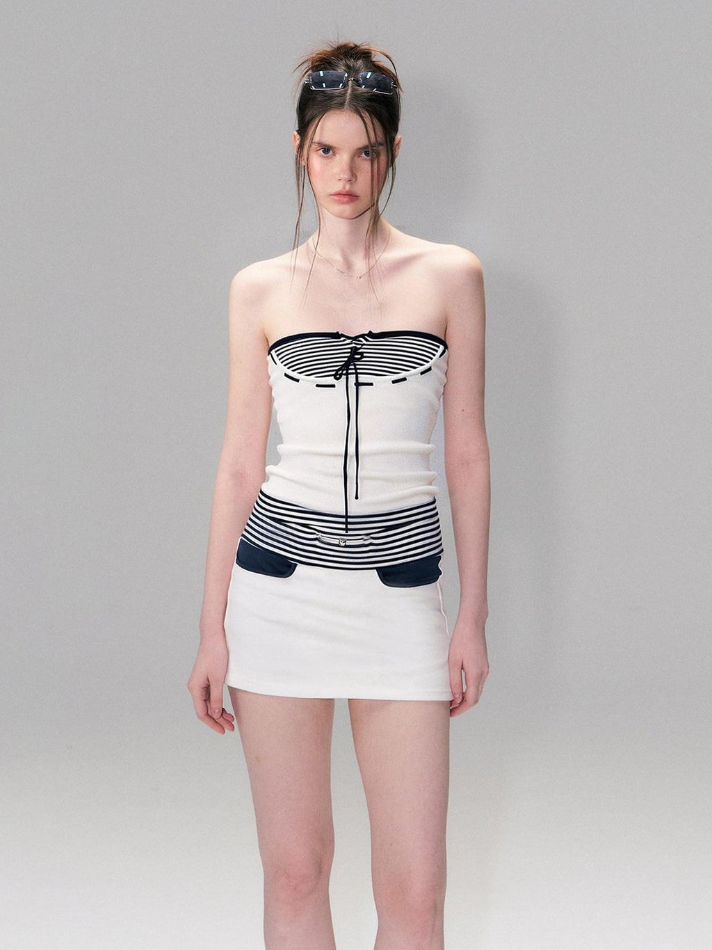 Retro Colorblock Striped Asymmetric Lace Up Women's Slim Fit Tube Tops