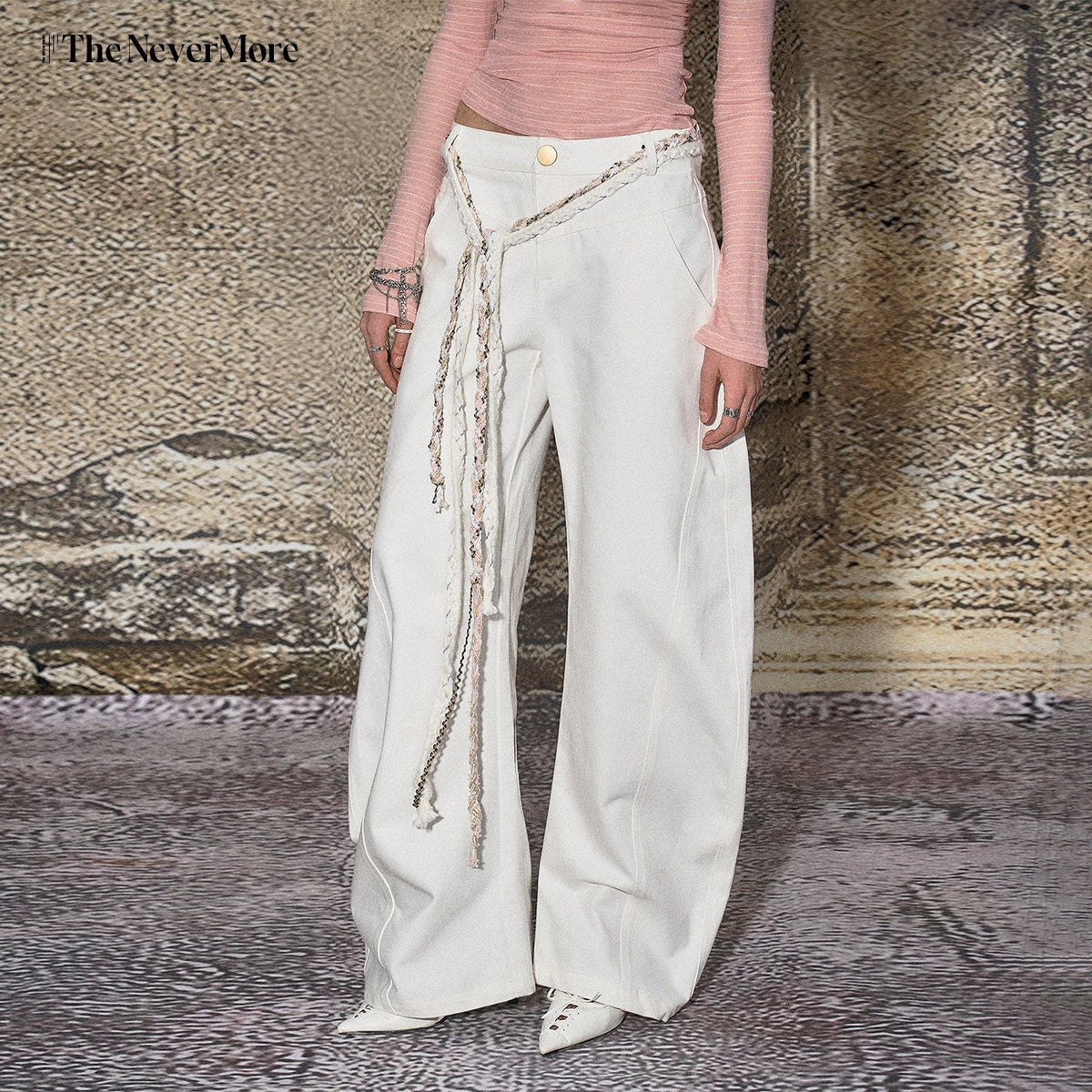 White Distressed Sexy High Street Natural Waist Women's Denim Wide-leg Jeans