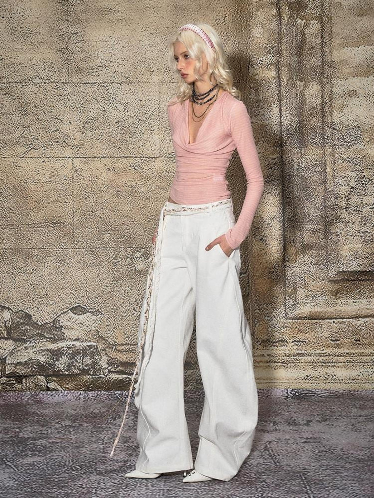White Distressed Sexy High Street Natural Waist Women's Denim Wide-leg Jeans