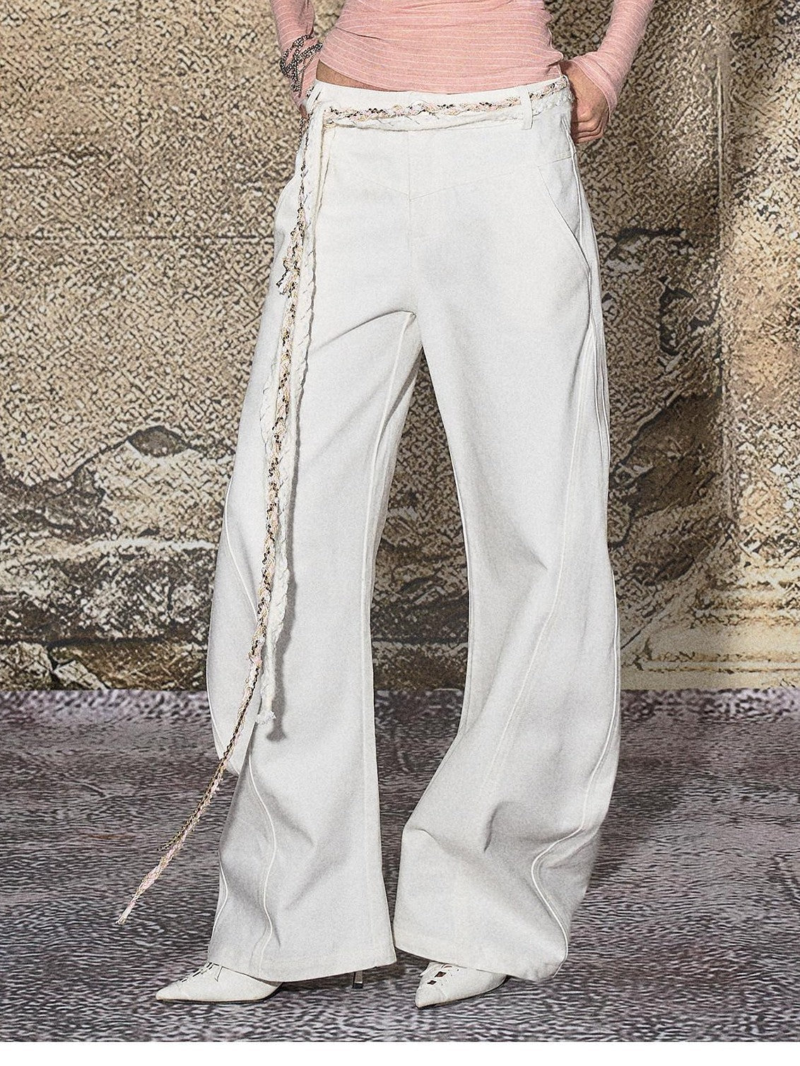 White Distressed Sexy High Street Natural Waist Women's Denim Wide-leg Jeans