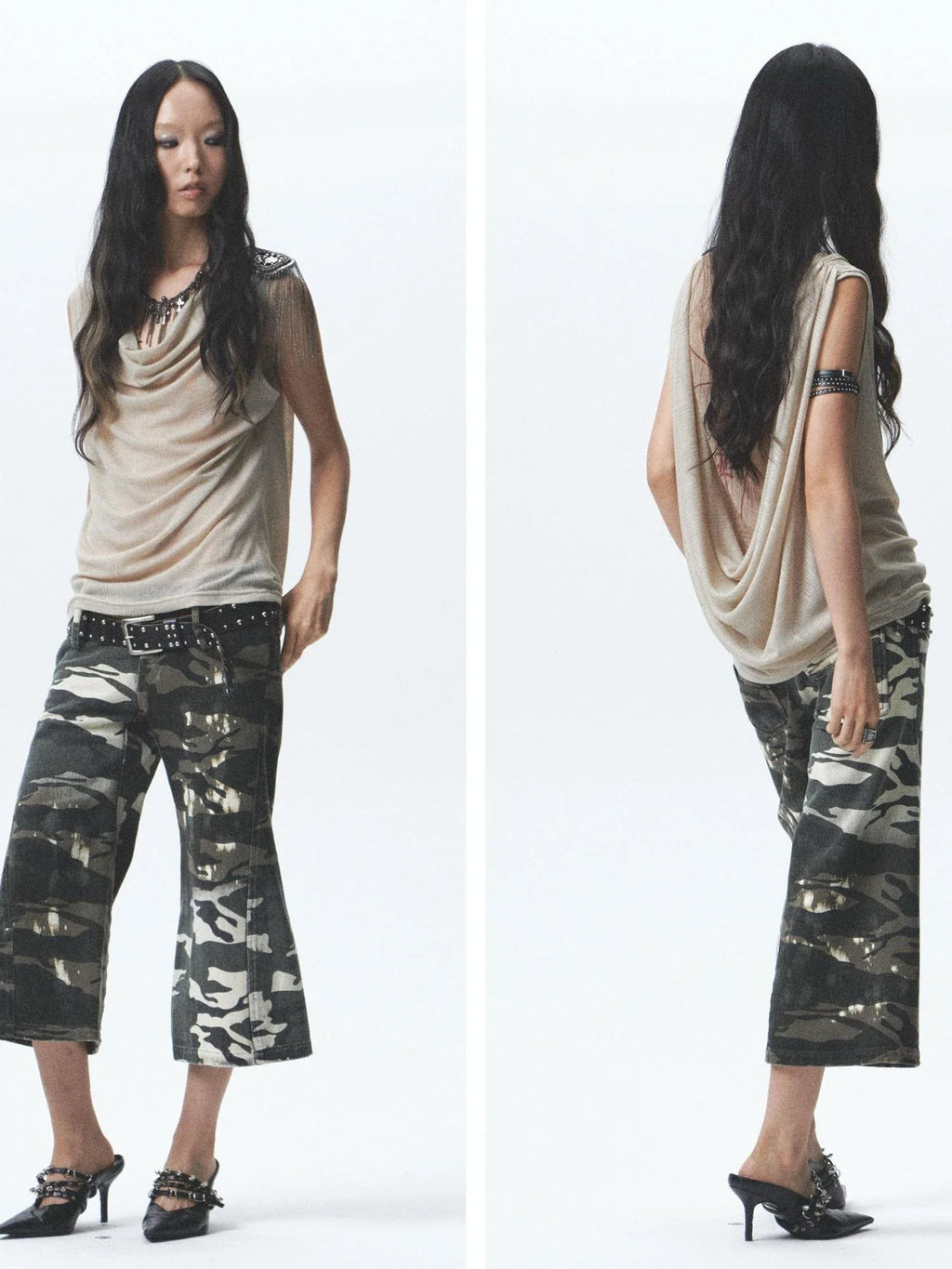 Two Sided Draped Print Knit Vest With Shoulder Pin