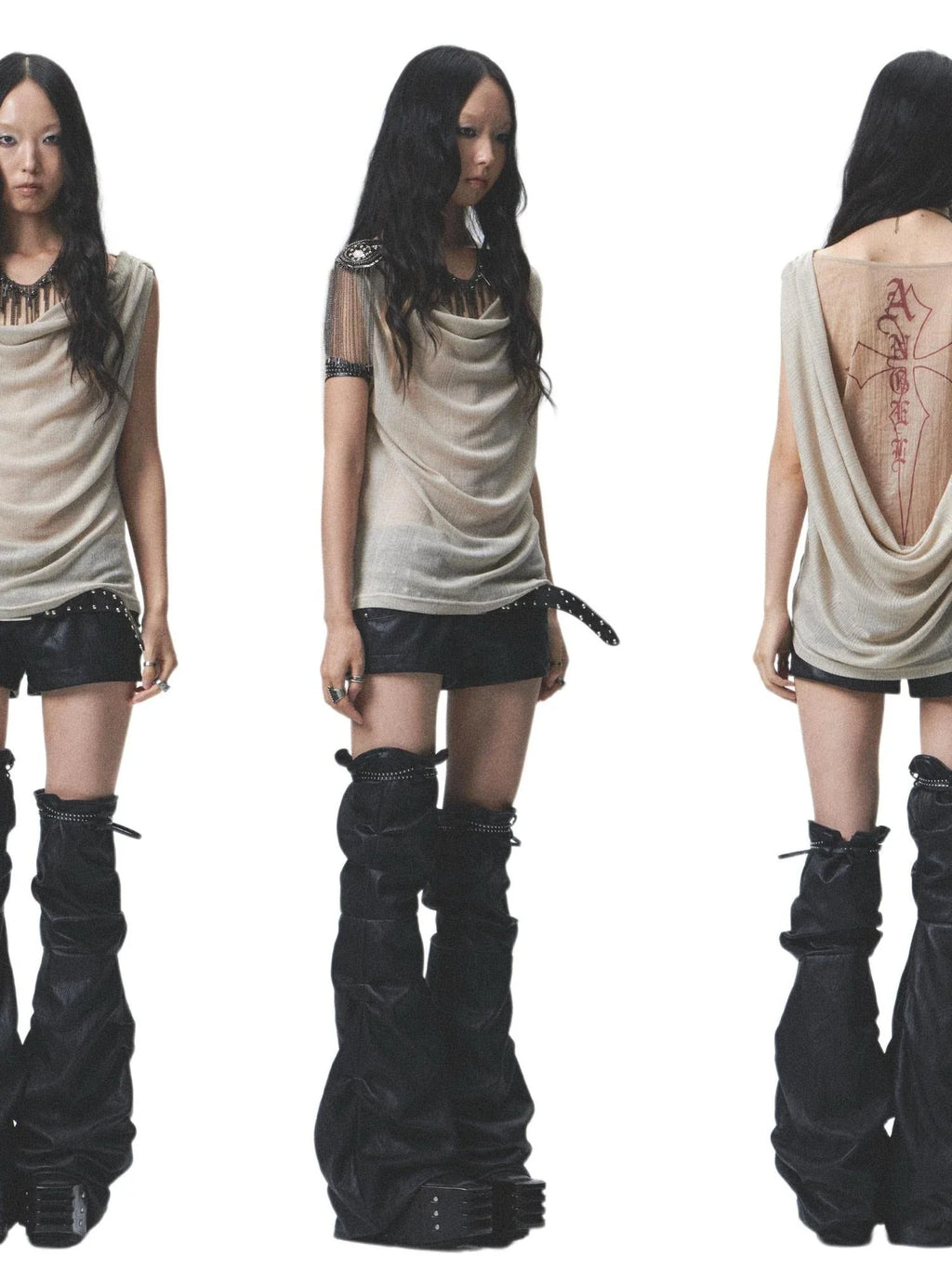 Two Sided Draped Print Knit Vest With Shoulder Pin