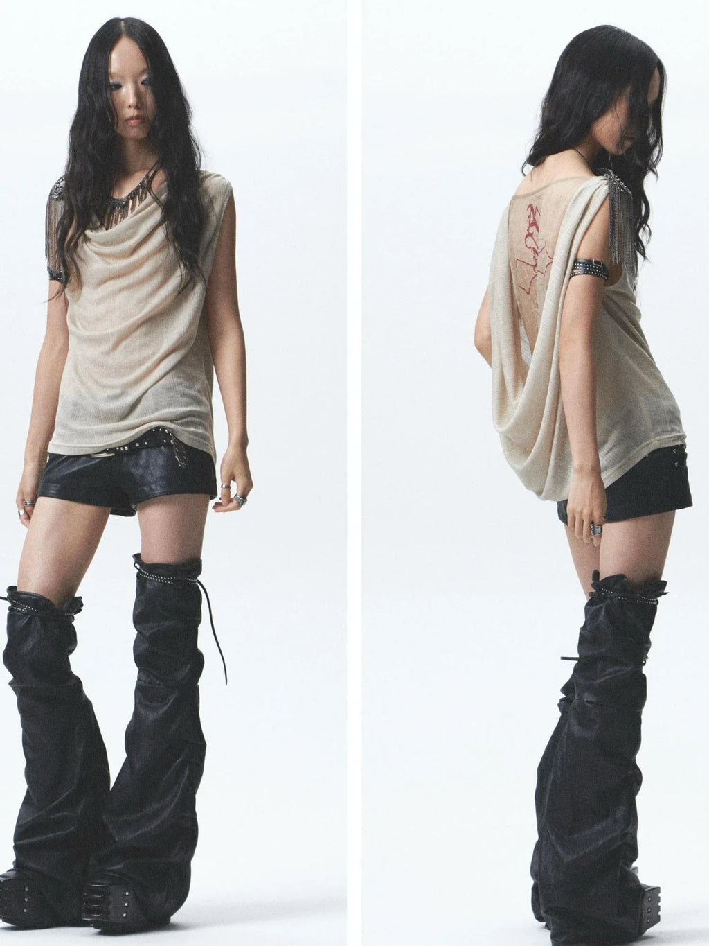 Two Sided Draped Print Knit Vest With Shoulder Pin