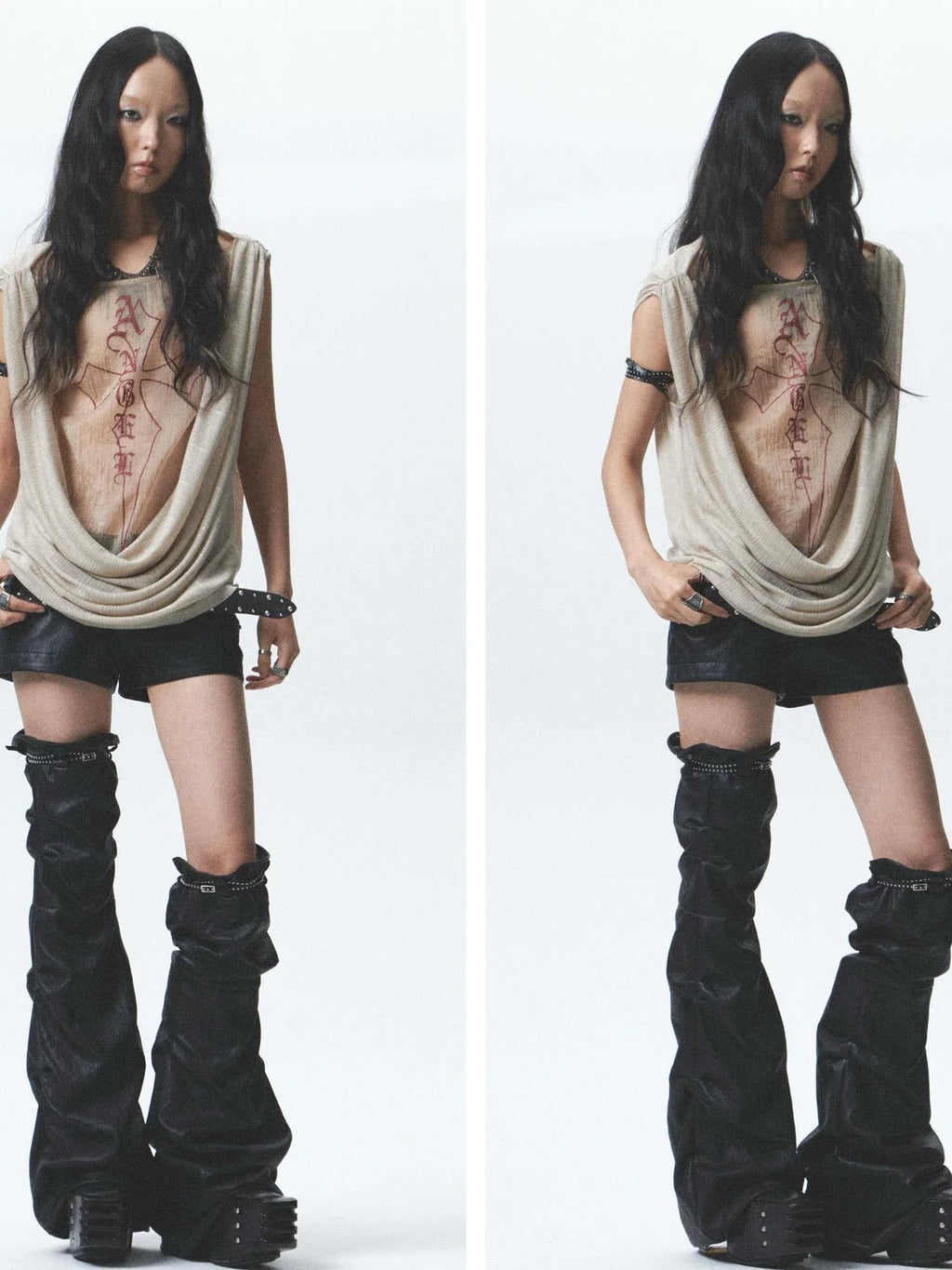 Two Sided Draped Print Knit Vest With Shoulder Pin