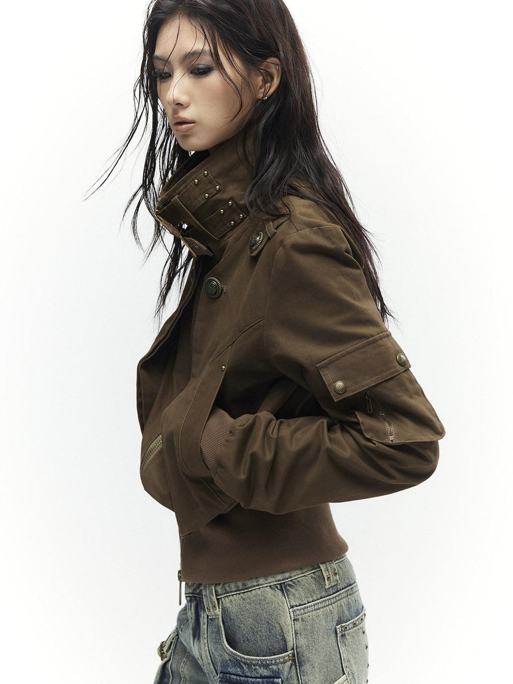 Slim Waist Dark Gothic Cotton Zip Stand Collar Long Sleeve Women Cropped Jackets