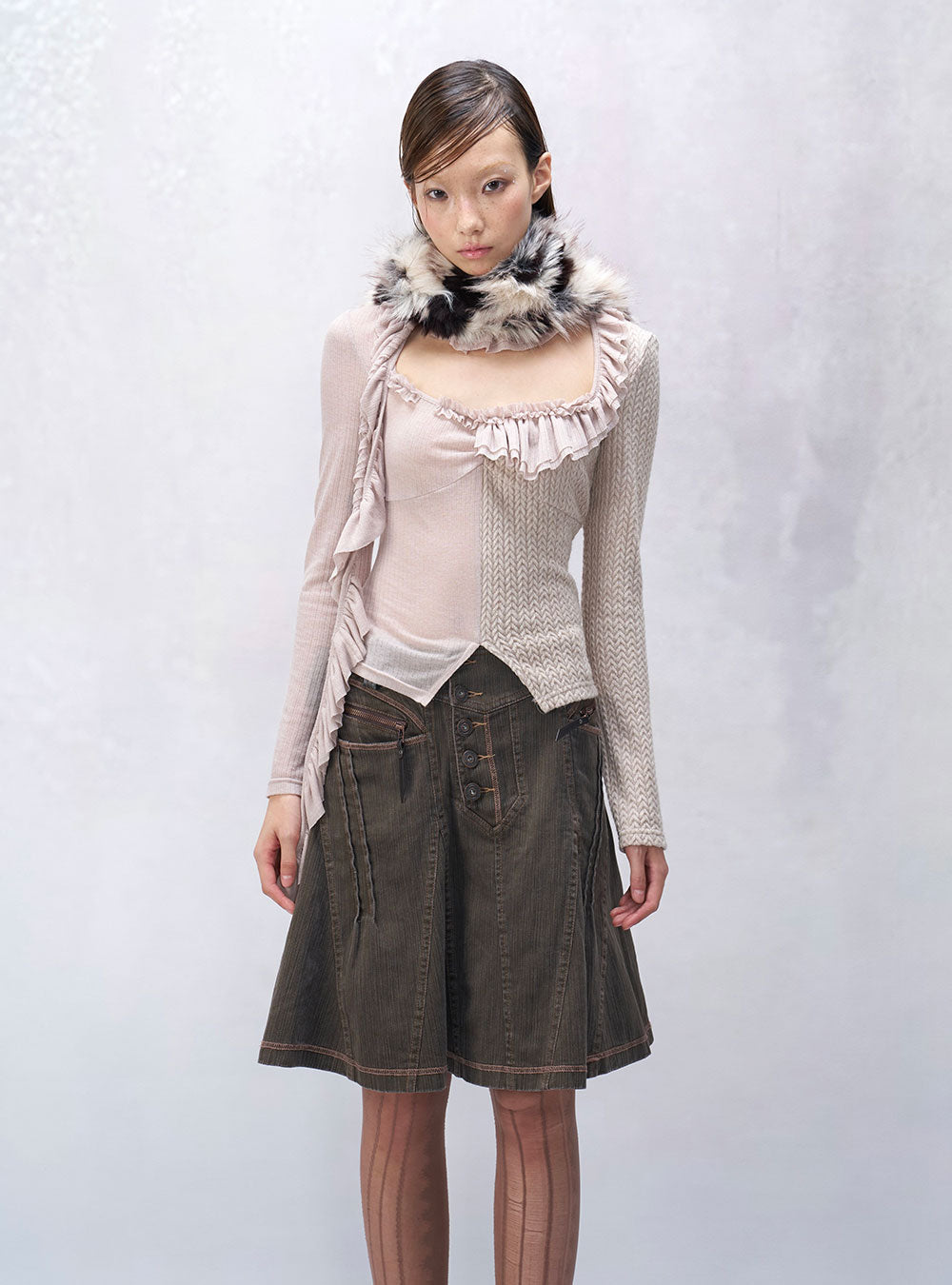 Brown Wash Stitch Denim Skirt