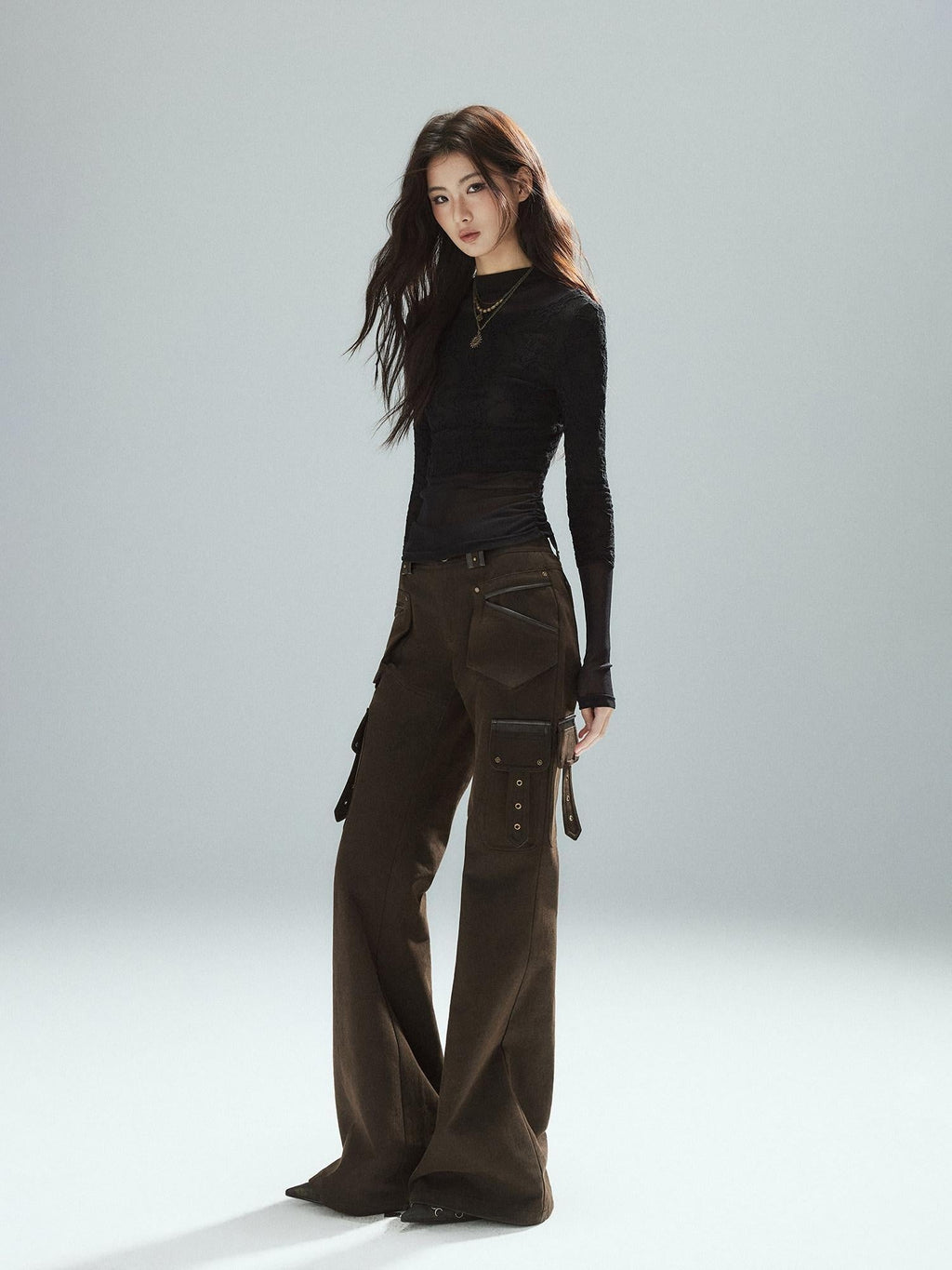 Slim Low Rise Cotton Flare Street Style Zipper Brown Women Cargo Pants