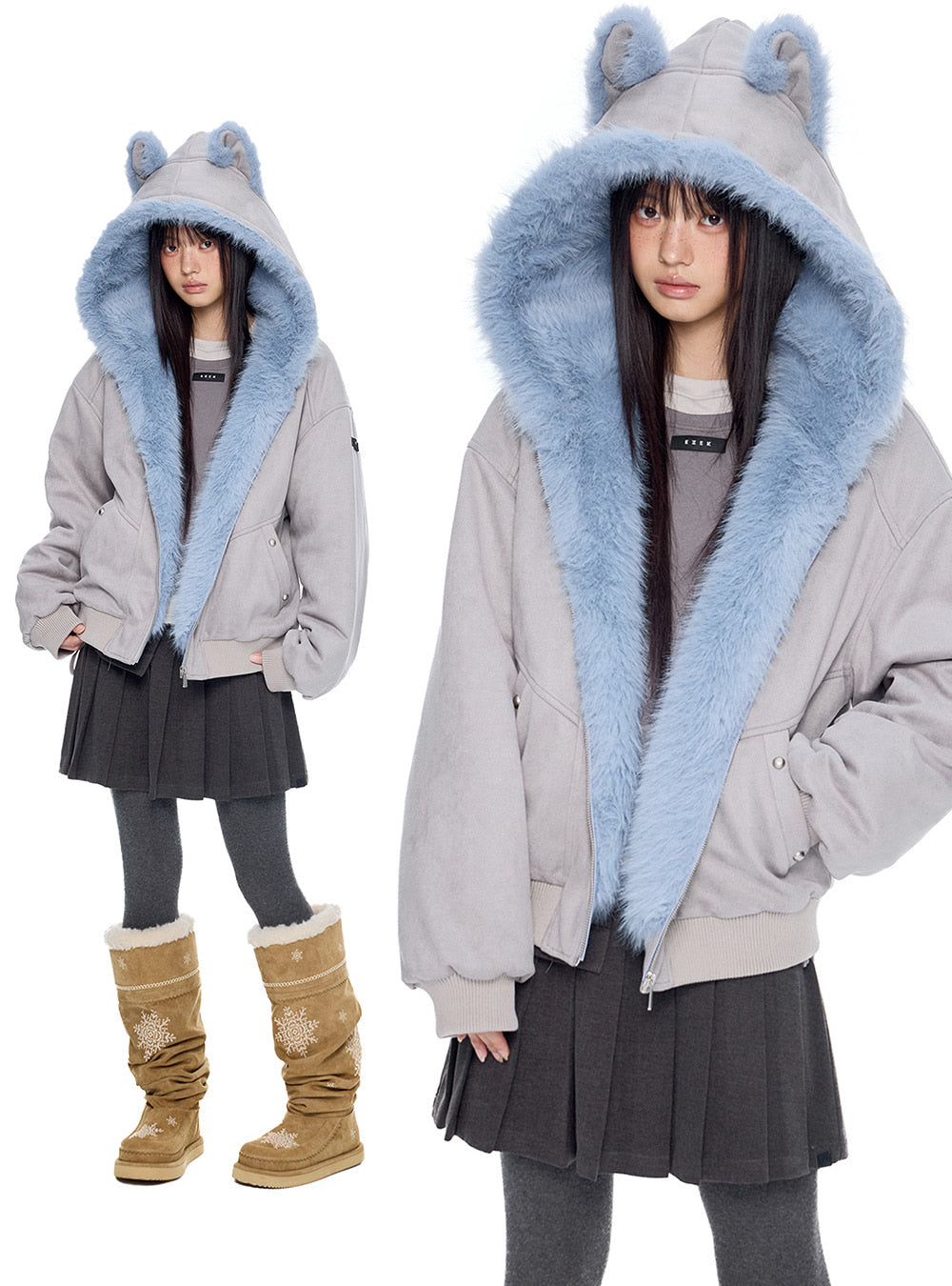 Cat Ear Fur Trim Bomber Jacket (4color)