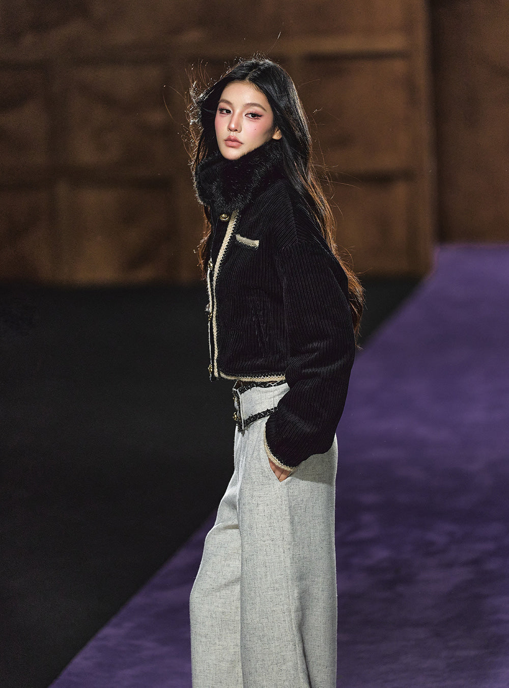 Corduroy Trim Cropped Jacket