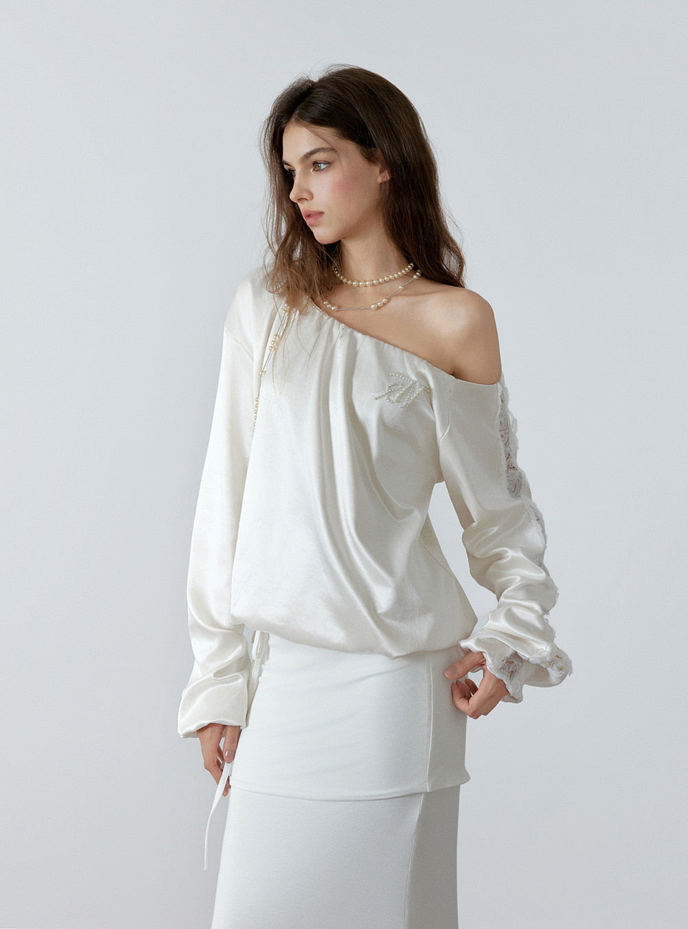 Matte Satin One-Shoulder Lace Top