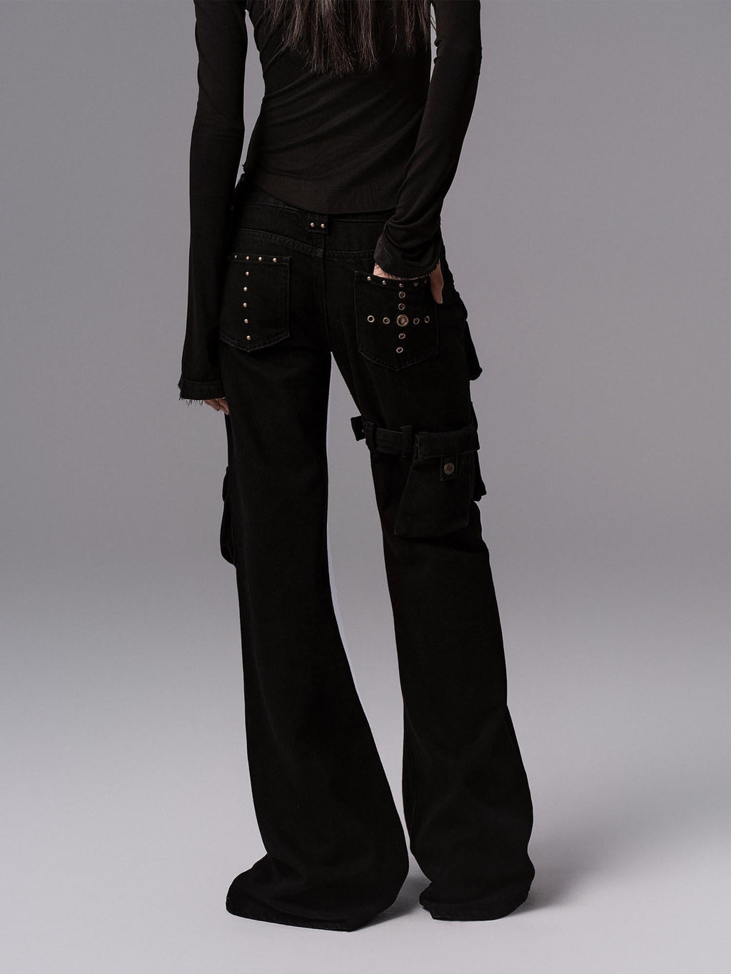 Dark Gothic Flared Mid Rise Pocketed Cotton Zip Fly Women Black Cargo Pants