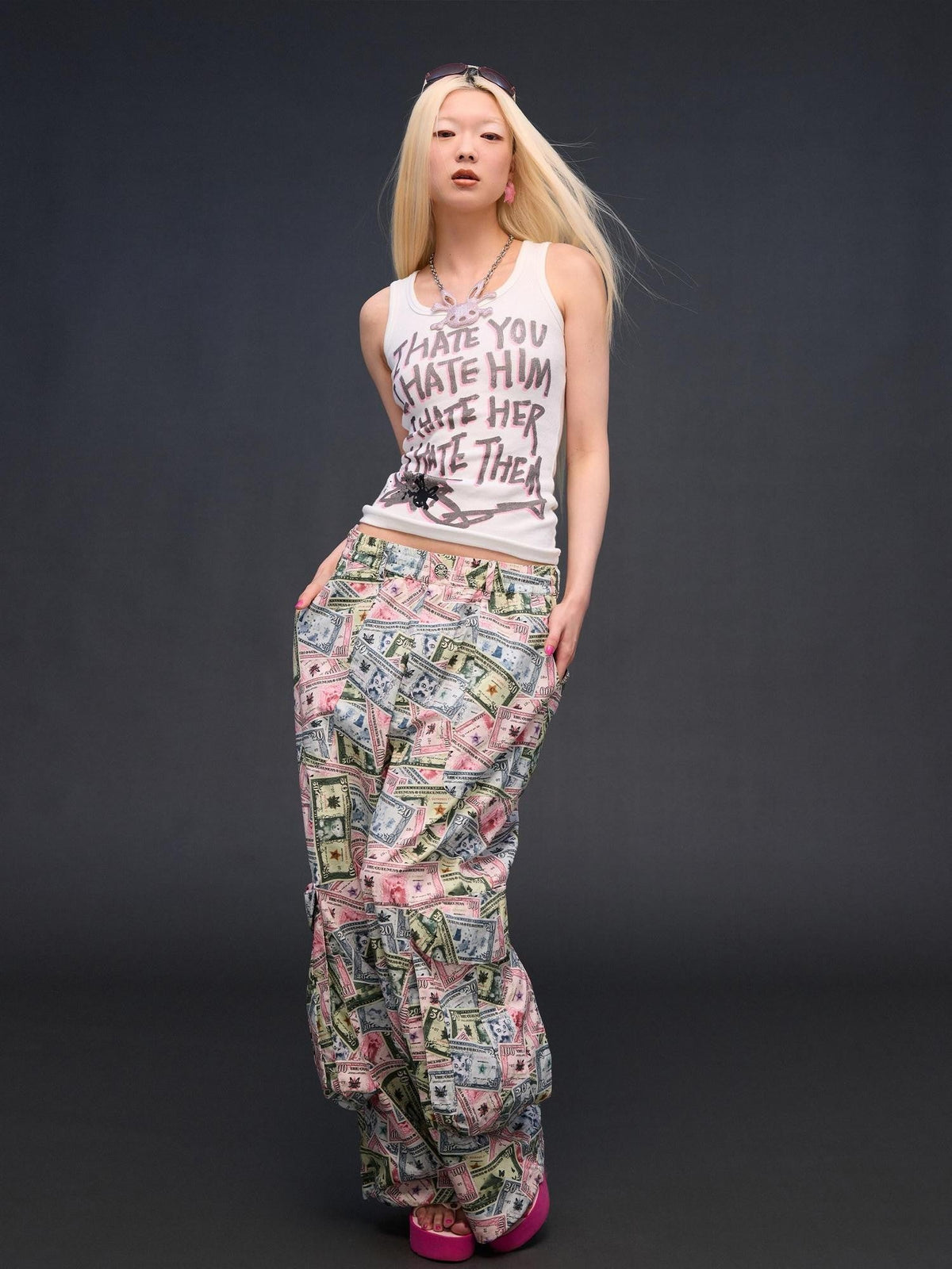 Money Print Cargo Multi Pocket Women'S Cotton Wide-Leg Pants