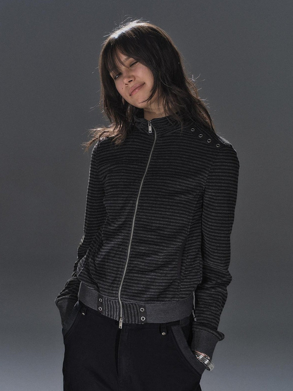 Black Gray Striped Eyelet Tape Splice Punk Women'S Polyester Casual Jackets