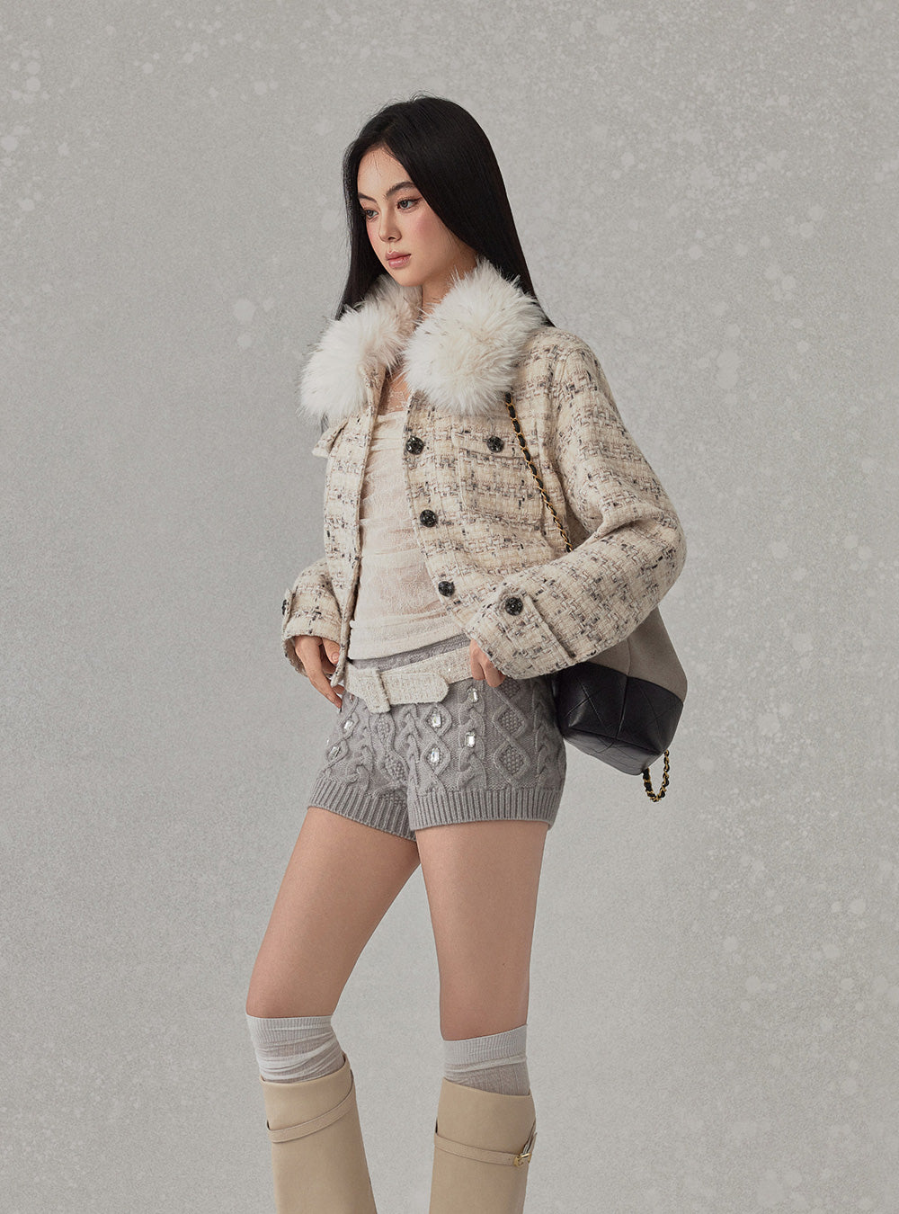 Classic Tweed Fur Collar Jacket