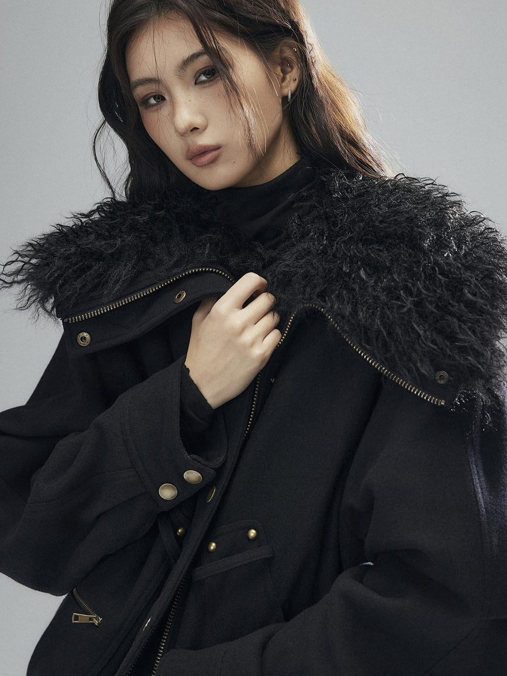 Thick Wool Blend Multi Pocket Loose Fit Sexy Girl Black Zipper Cropped Jackets