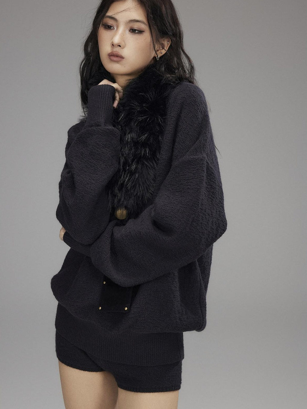 Knitted Wool Blend Loose Street Style Women Two Piece Set Navy Mini Shorts