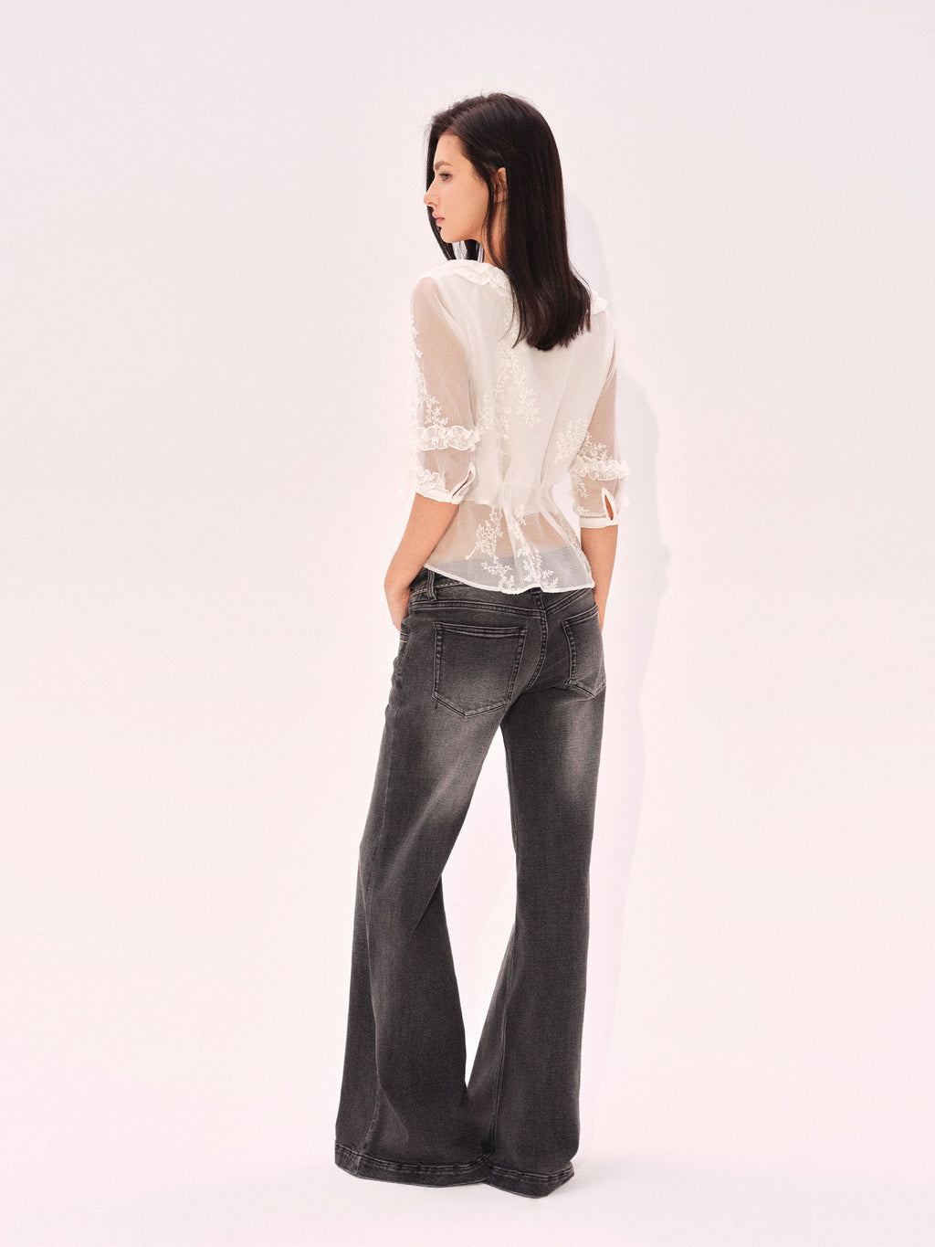 Embroidered Ruffle Tie Shirt