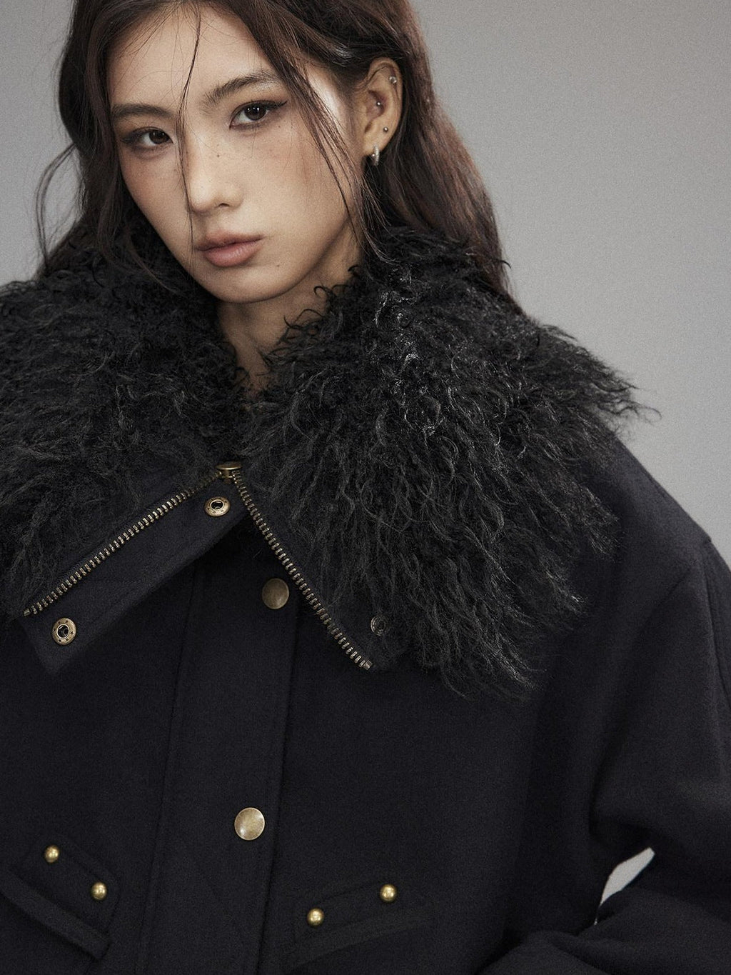 Thick Wool Blend Multi Pocket Loose Fit Sexy Girl Black Zipper Cropped Jackets