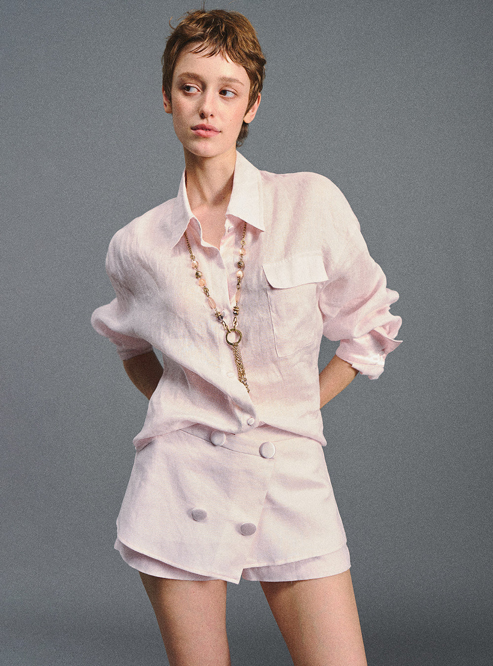Linen Satin Waistline Shirt & Skort