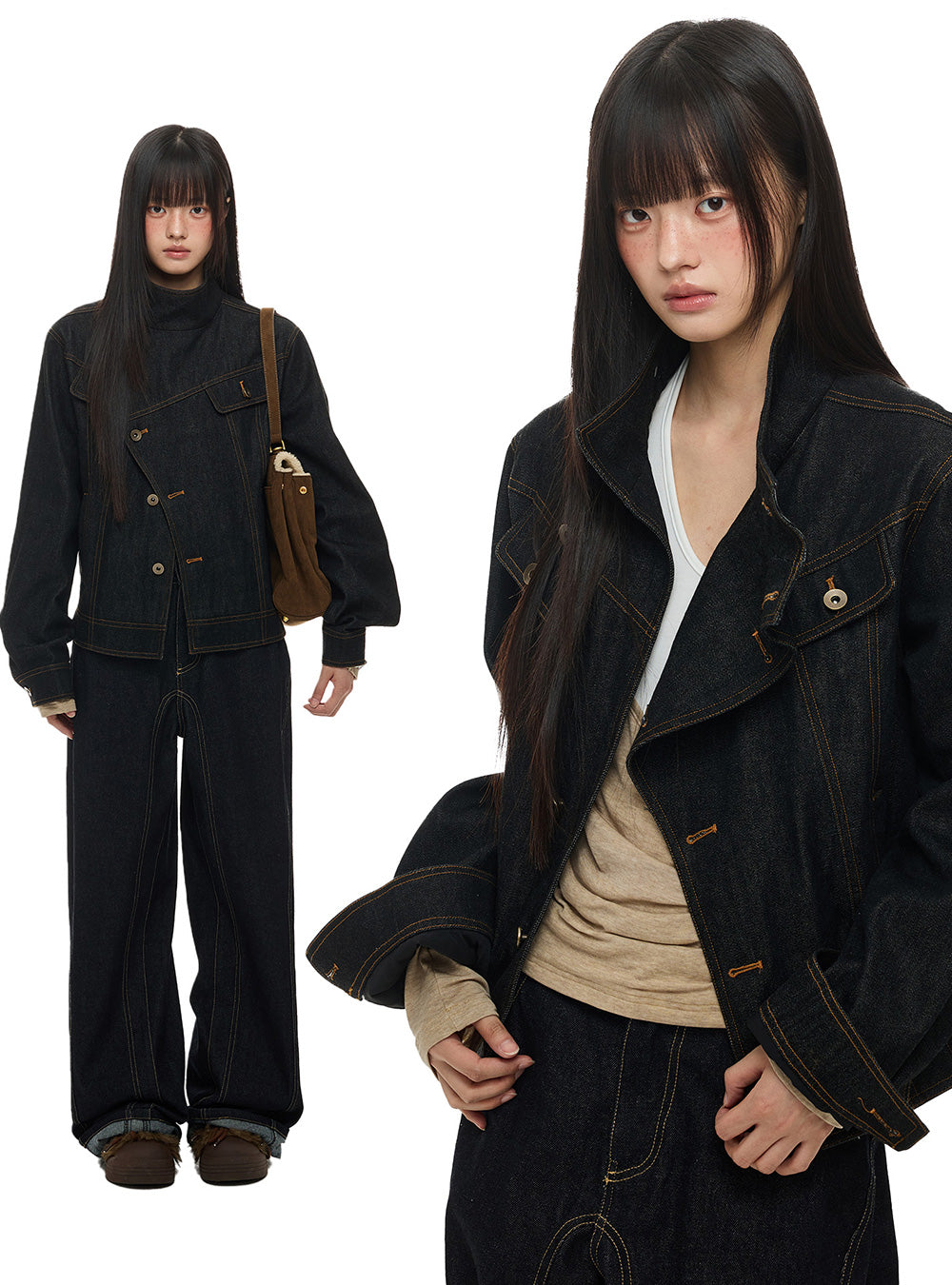 Unbalanced Collar Stitch Denim Jacket