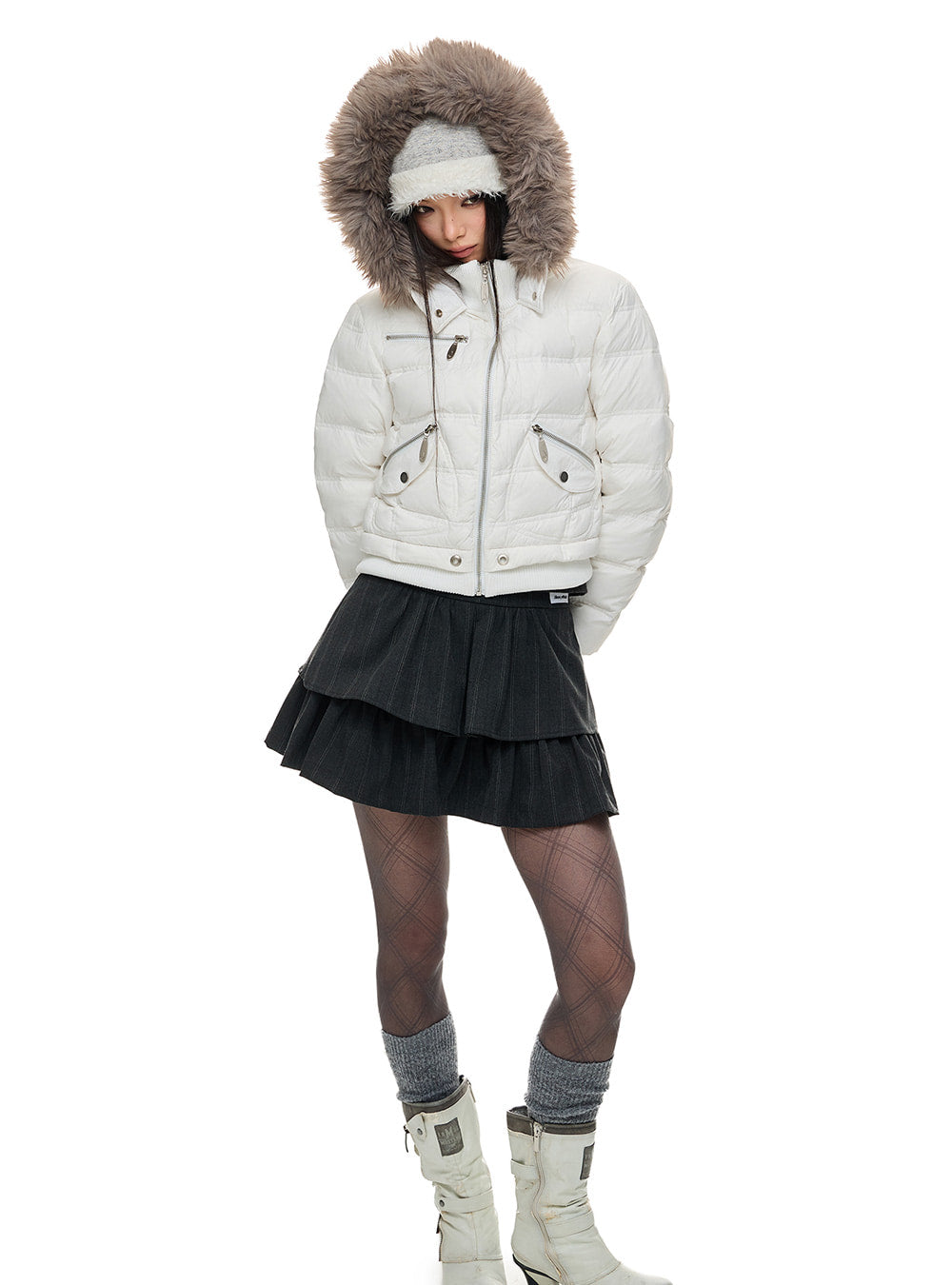 Ribbed Quilted Hood Down Short Jacket (2color)