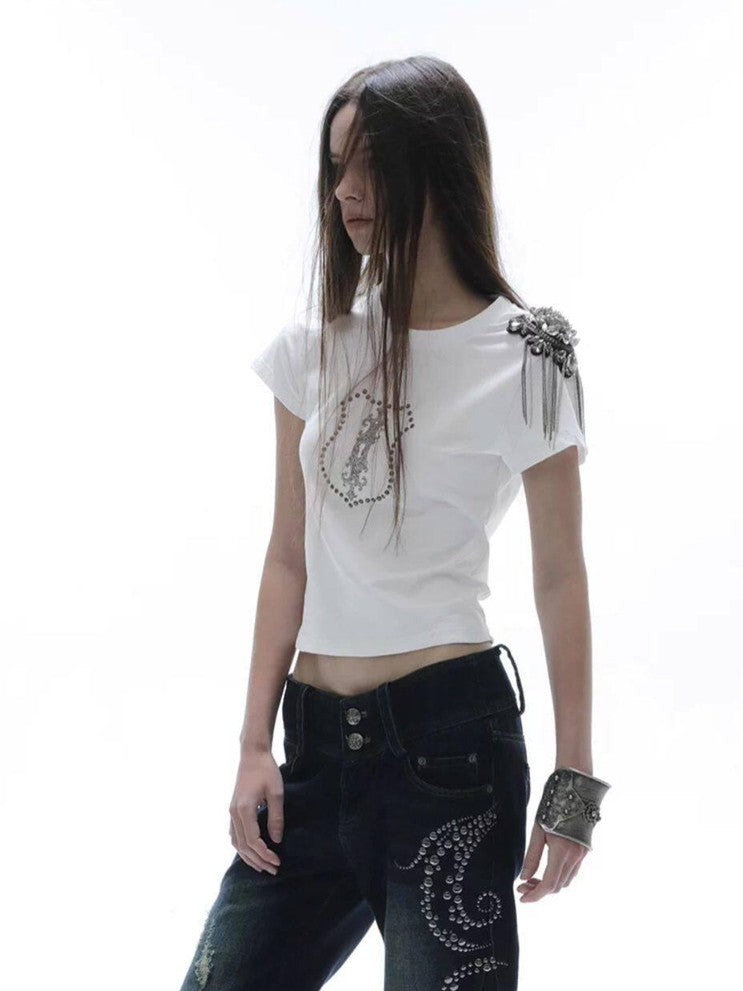 Cropped Hotfix Rhinestone Slim Fit Vintage Women'S Cotton Short Sleeve T-Shirts