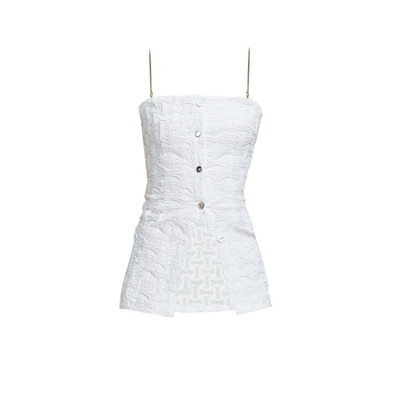 3D Chain Ruffle Button Original Slim Fit Cotton Blend Solid White Camisoles