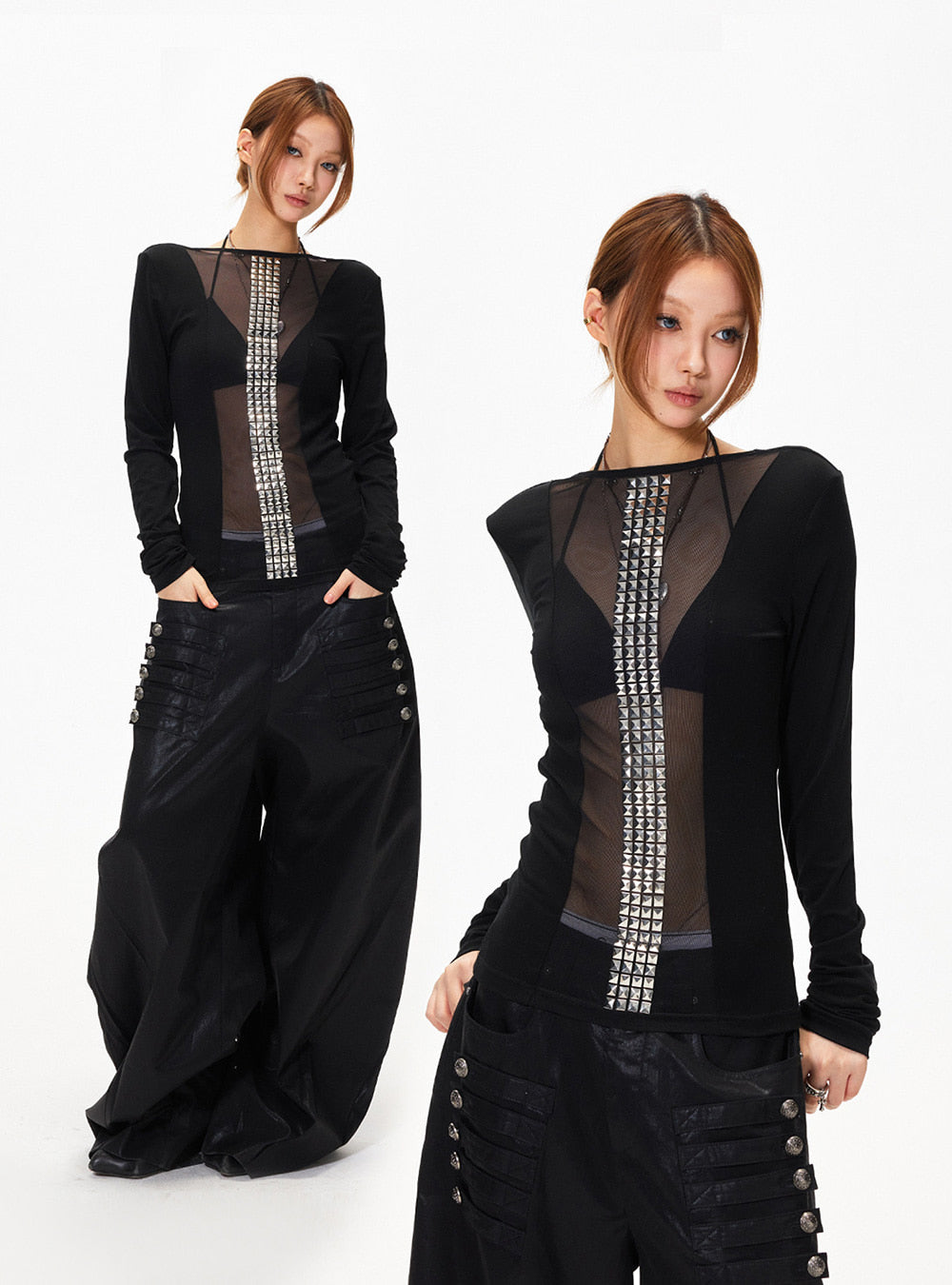 Rivet Spine Sheer Long Sleeve Top