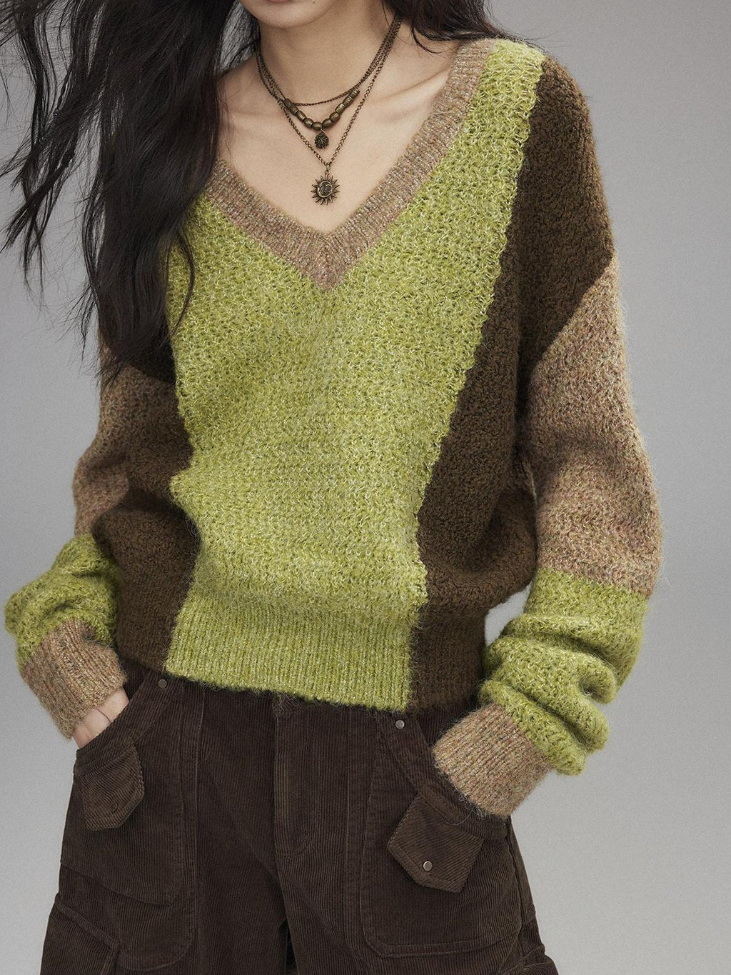 Thick Sheep Wool Patchwork Streetwear Loose Fit V-neck Pullover Youth Sweaters
