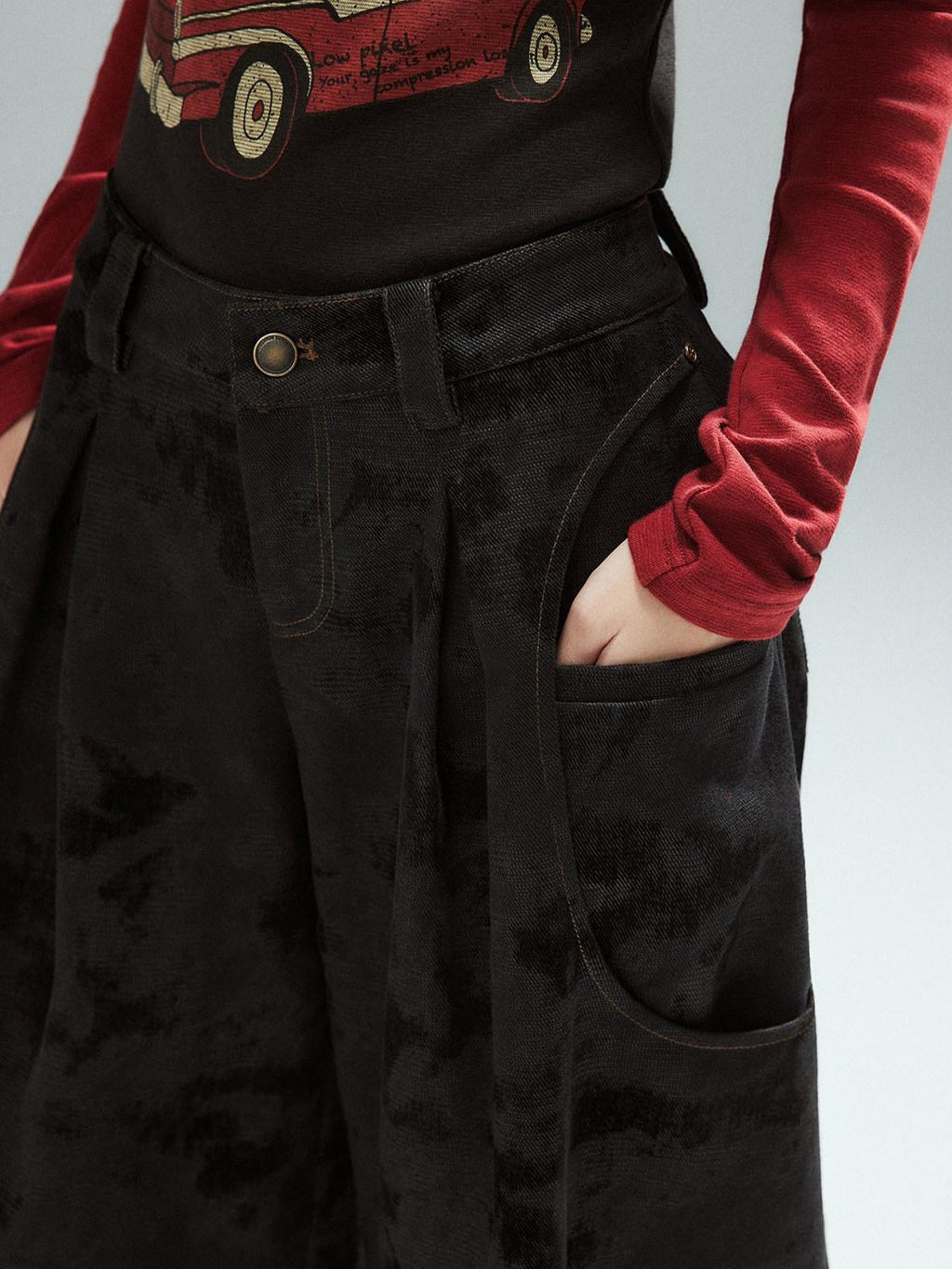 Black Cotton Flocked Low Rise Loose Street Women Zip Fly Wide Leg Jeans