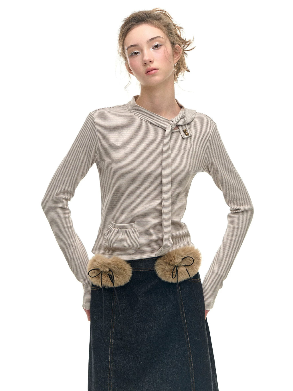 Romance Nanci Fine Stripe Tie-Detail Long-Sleeve Layering Tee