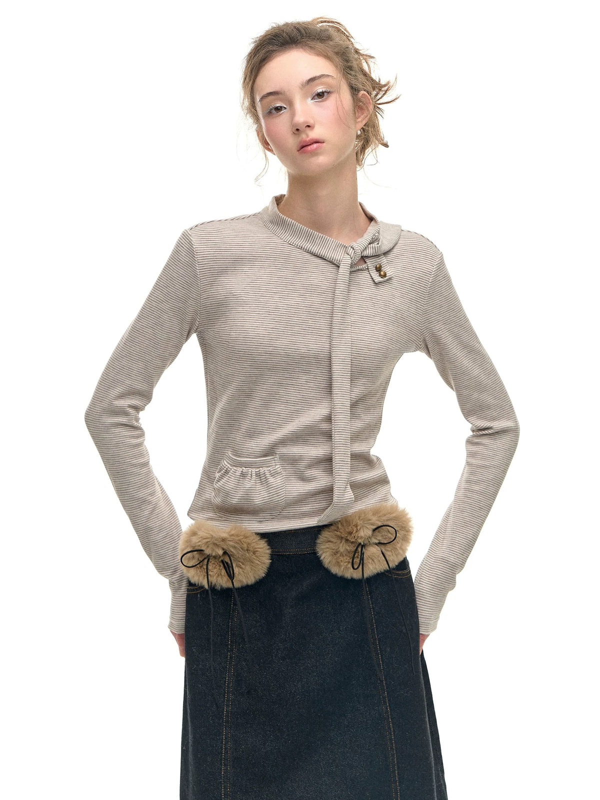 Romance Nanci Fine Stripe Tie-Detail Long-Sleeve Layering Tee