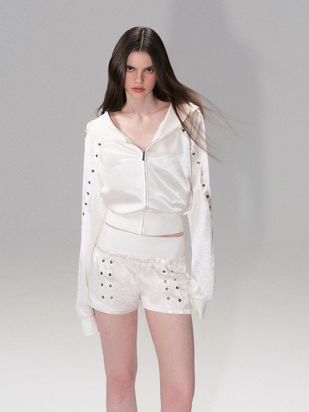 Cozy Cropped Two Piece Set Long Sleeve High Waist Shorts Women Solid Hoodie