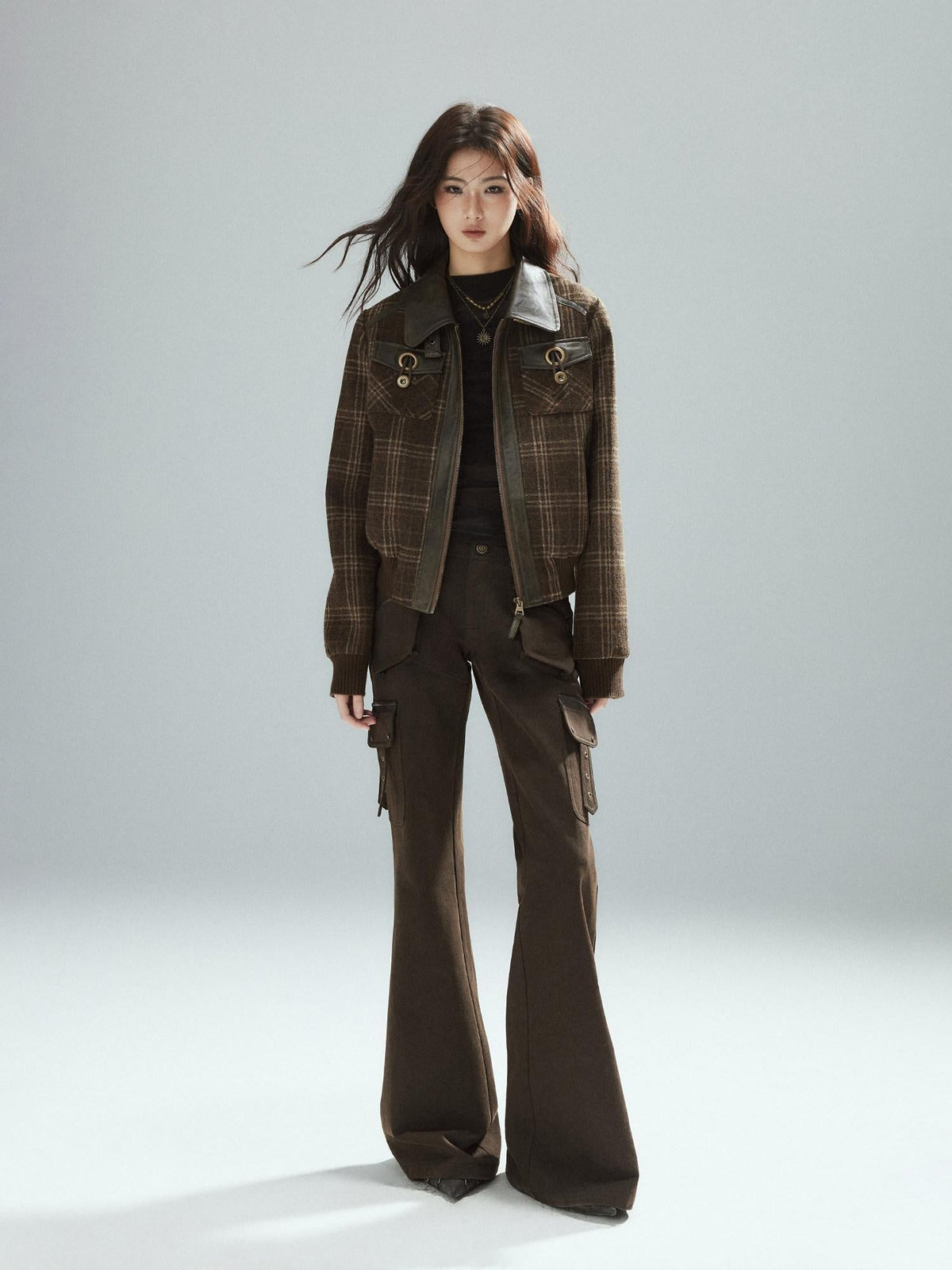 Slim Low Rise Cotton Flare Street Style Zipper Brown Women Cargo Pants
