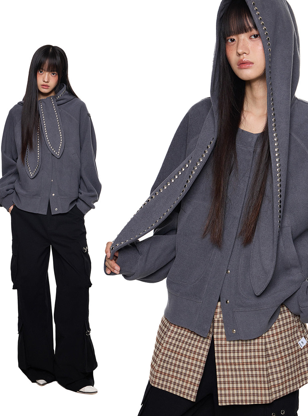 Soft Studded Bunny-Hood Zip Jacket (3color)