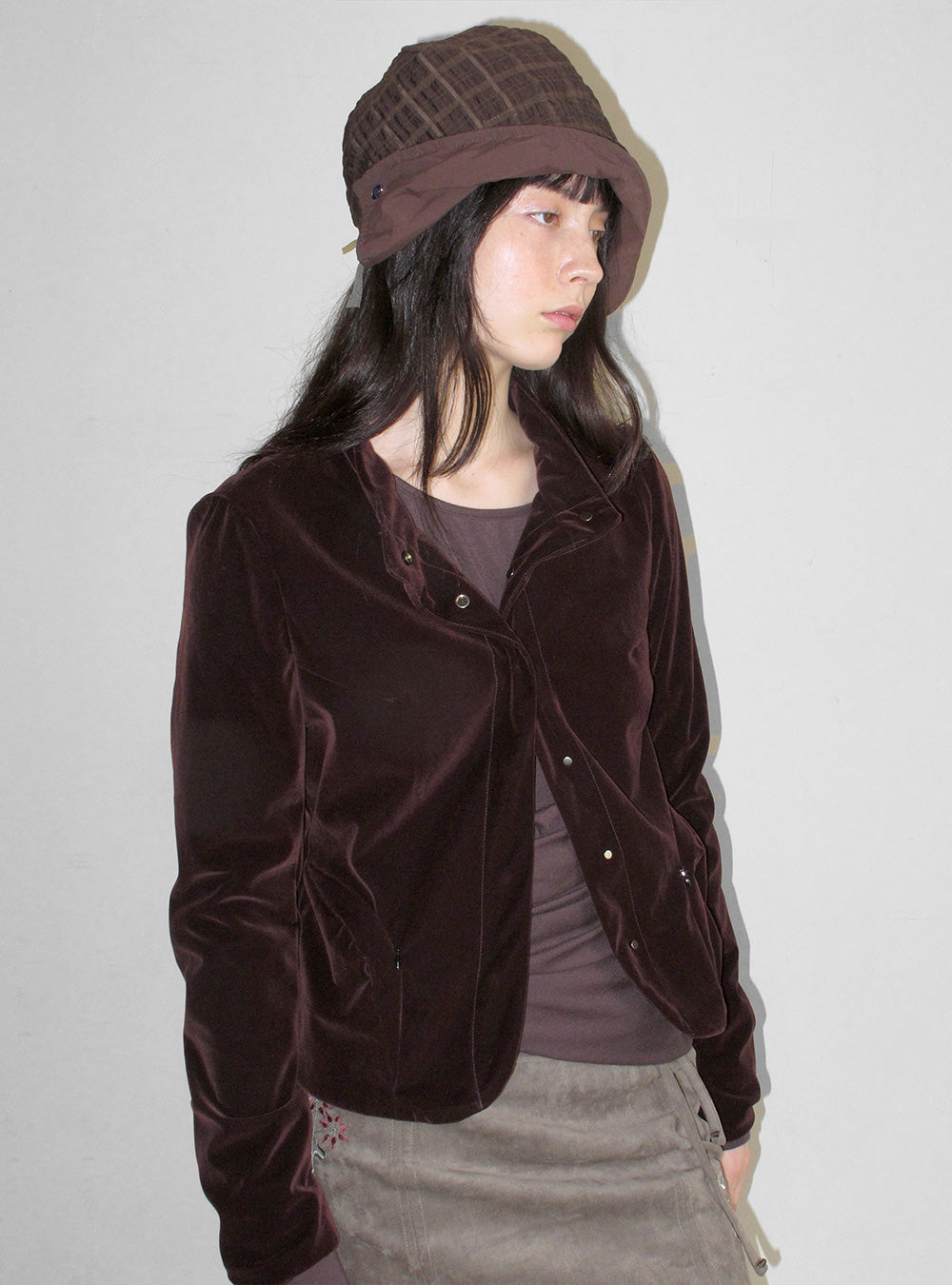 Sleek Velvet Stand Collar Cropped Jacket