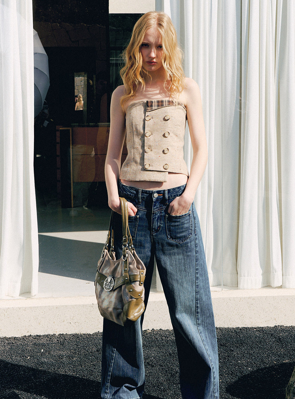 Sandstone Tweed Button Corset Top