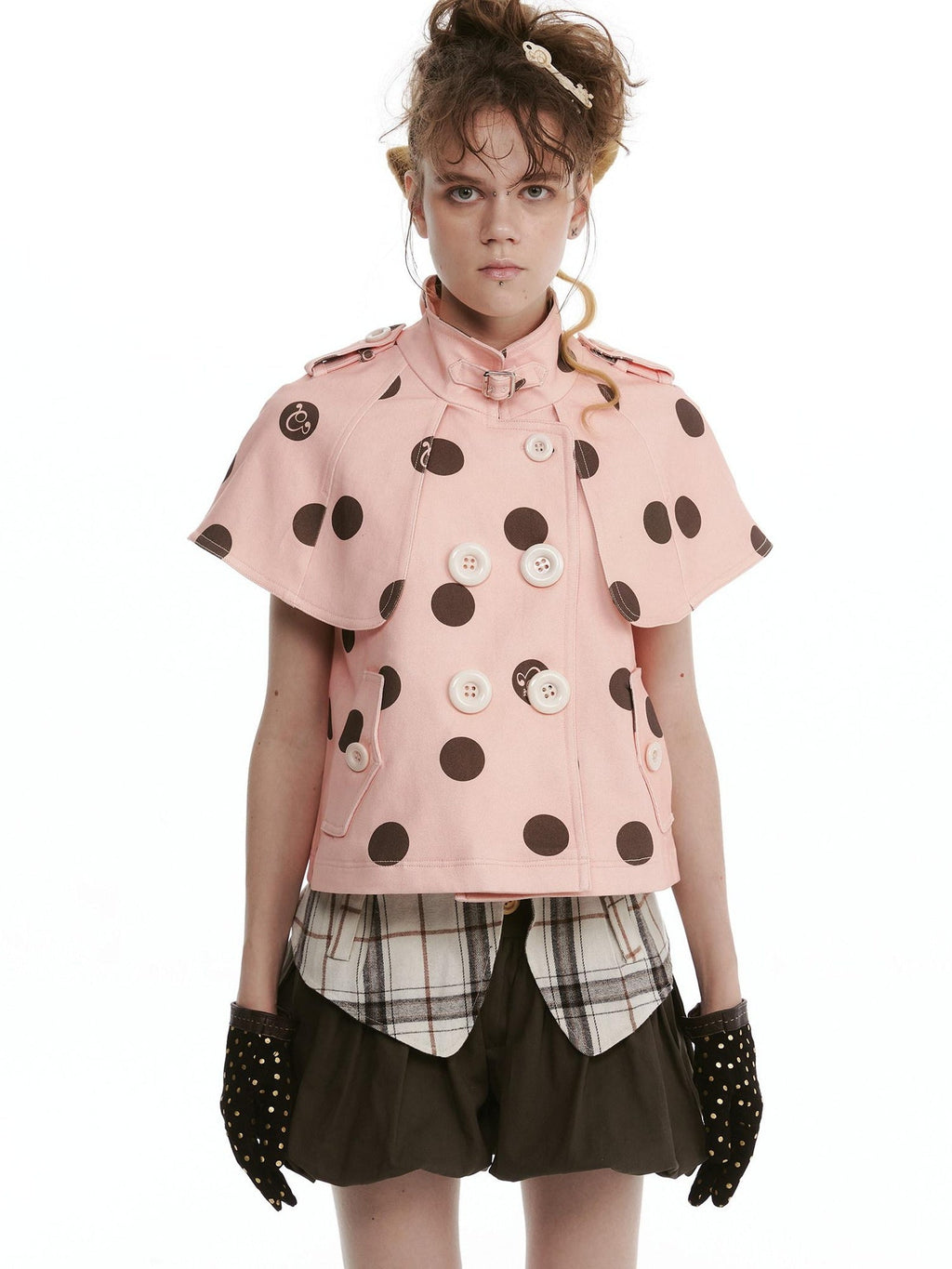 Windproof Cotton Stretch Cute Cropped Doublebreasted Unisex Polka Dot Blouses