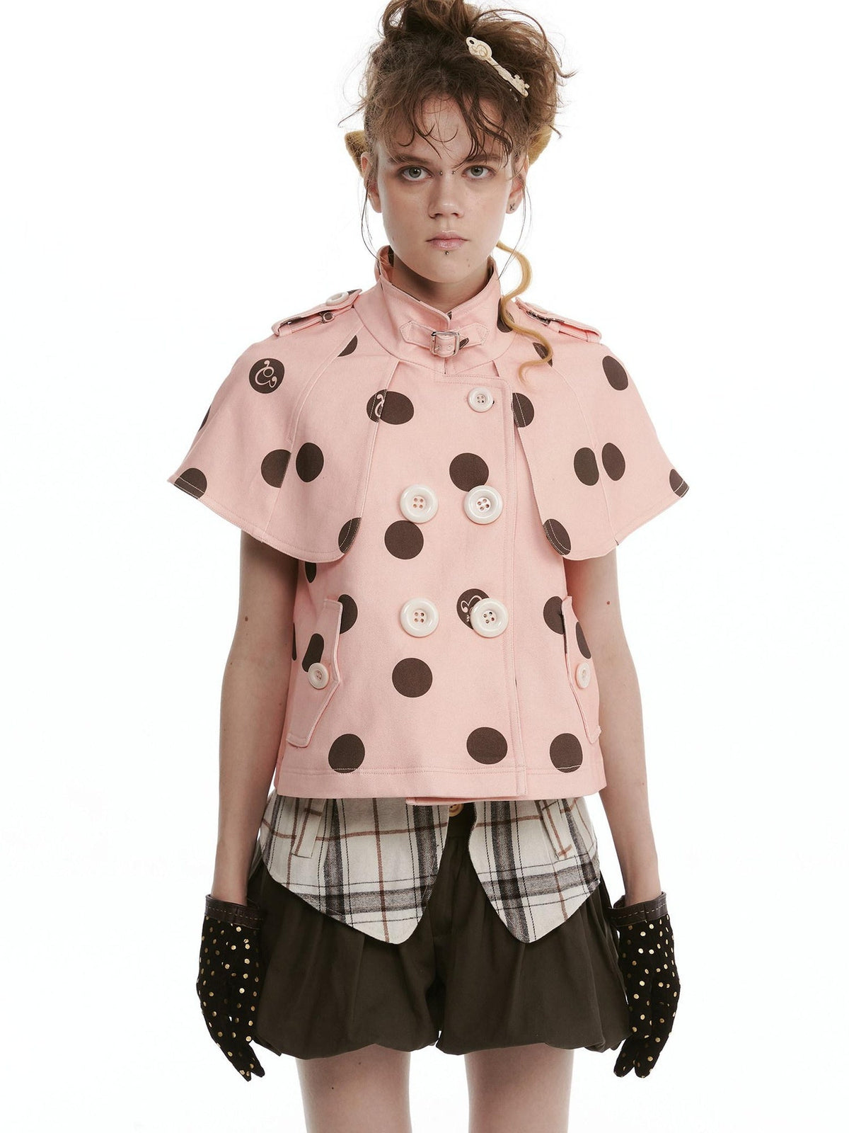 Windproof Cotton Stretch Cute Cropped Doublebreasted Unisex Polka Dot Blouses