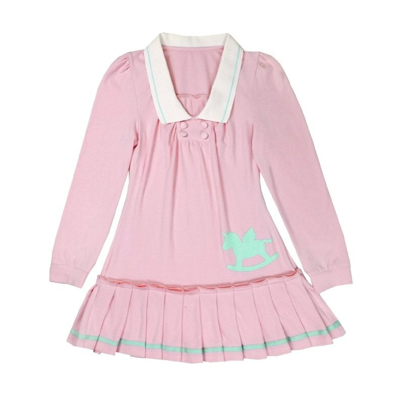 Cute Bubble Sleeve Doll Collar Pleated Casual Striped Mint Pink Mini Dresses