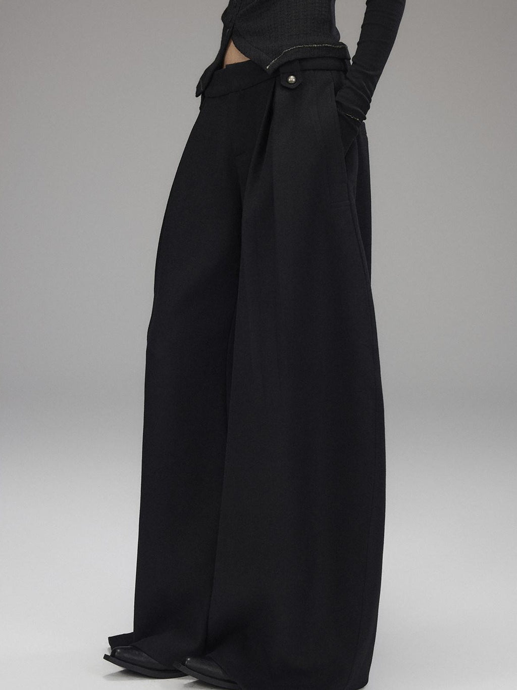 Black Wool Blend Low Rise Zipper Casual Straight Hem Women Wide Leg Pants