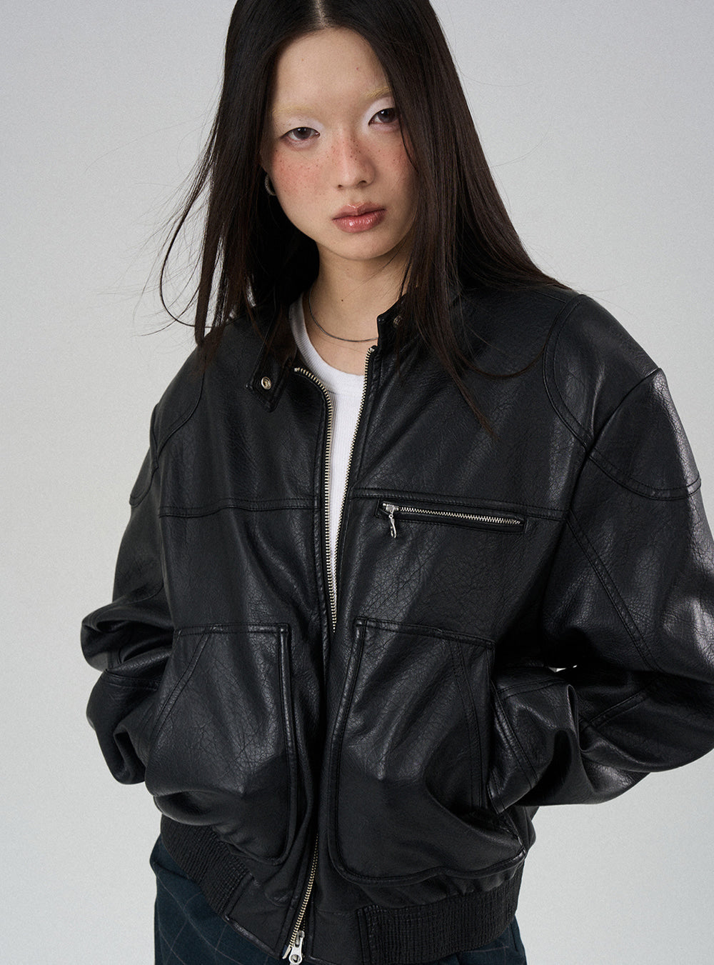 Leather Metal Collar Biker Jacket